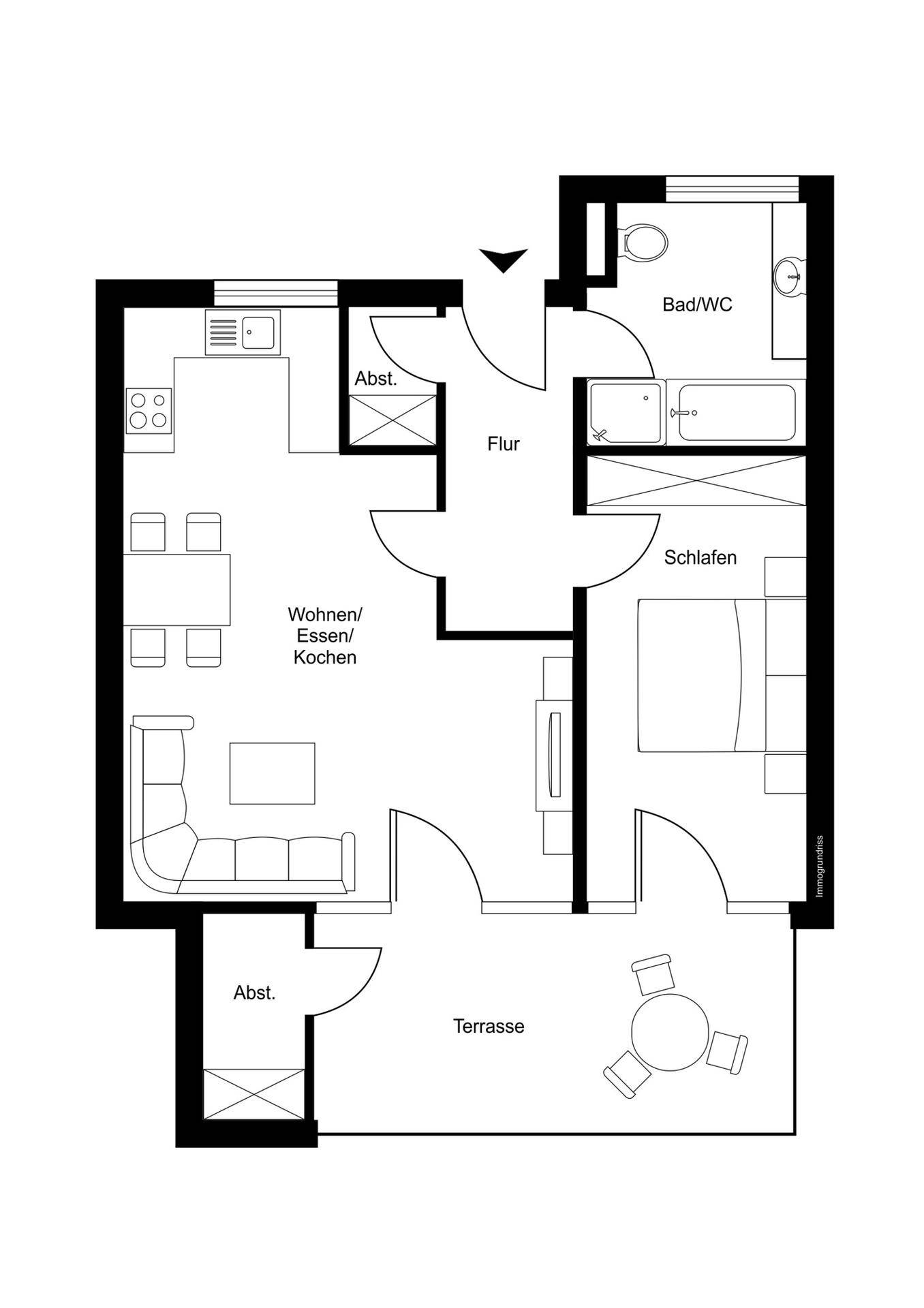 Grundriss einer Wohnung mit offenem Wohn-/Ess-/Kochbereich, Schlafzimmer und Terrasse.