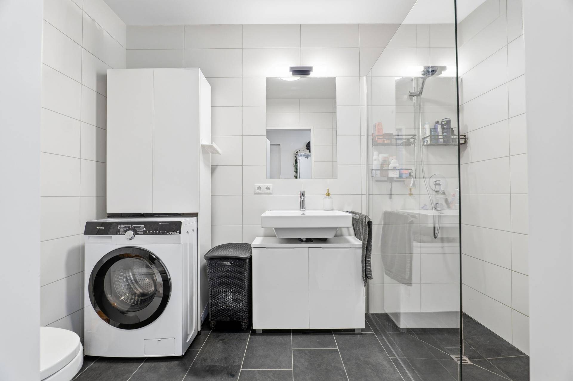 Modernes Badezimmer mit Dusche, Waschbecken und integrierter Waschmaschine.