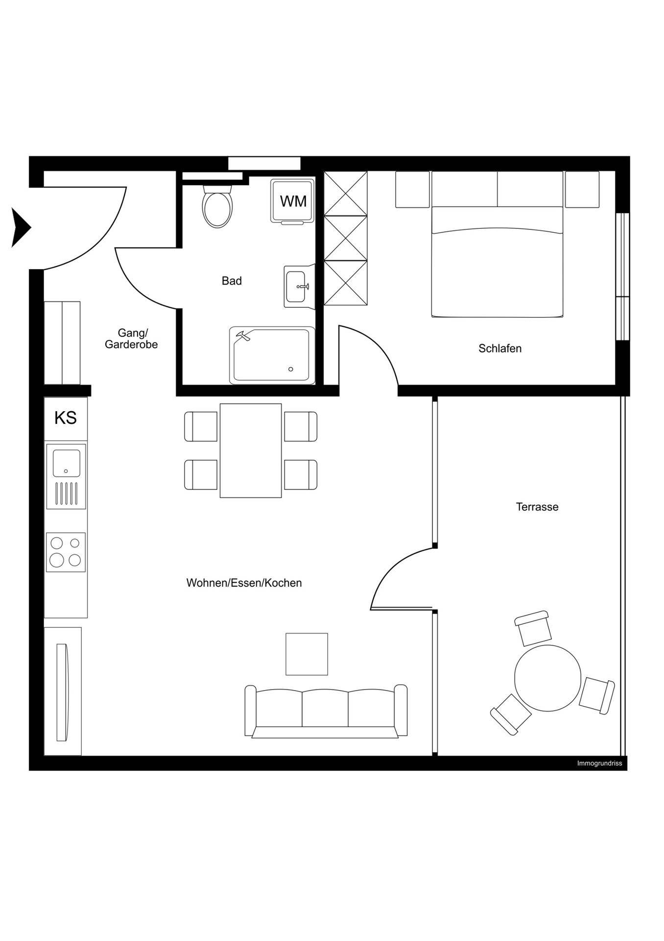 Grundriss der Wohnung mit offenem Wohn-/Ess-/Kochbereich, Schlafzimmer und Bad.