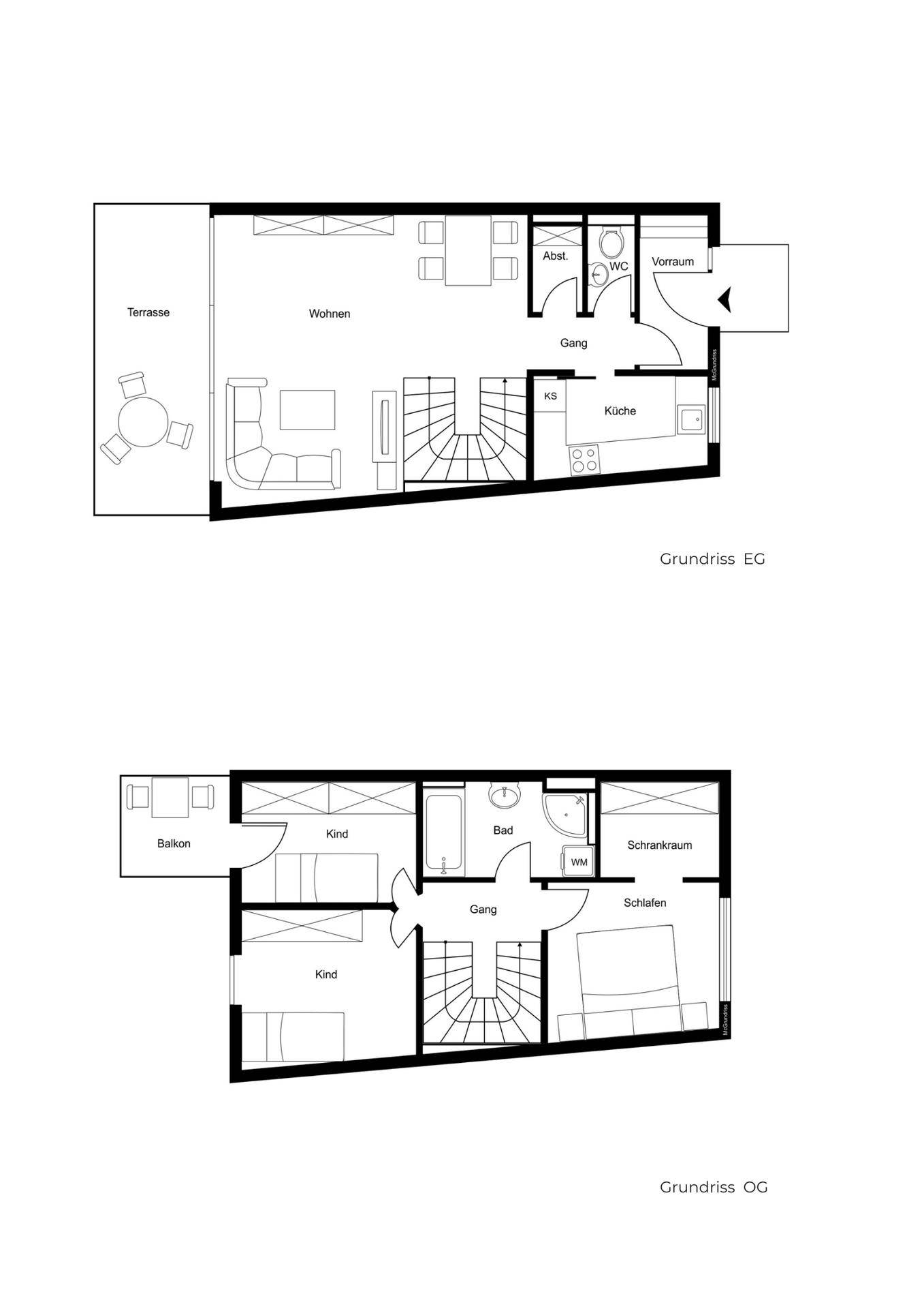 Grundrisspläne des Erdgeschosses und Obergeschosses mit Terrasse und Balkon.