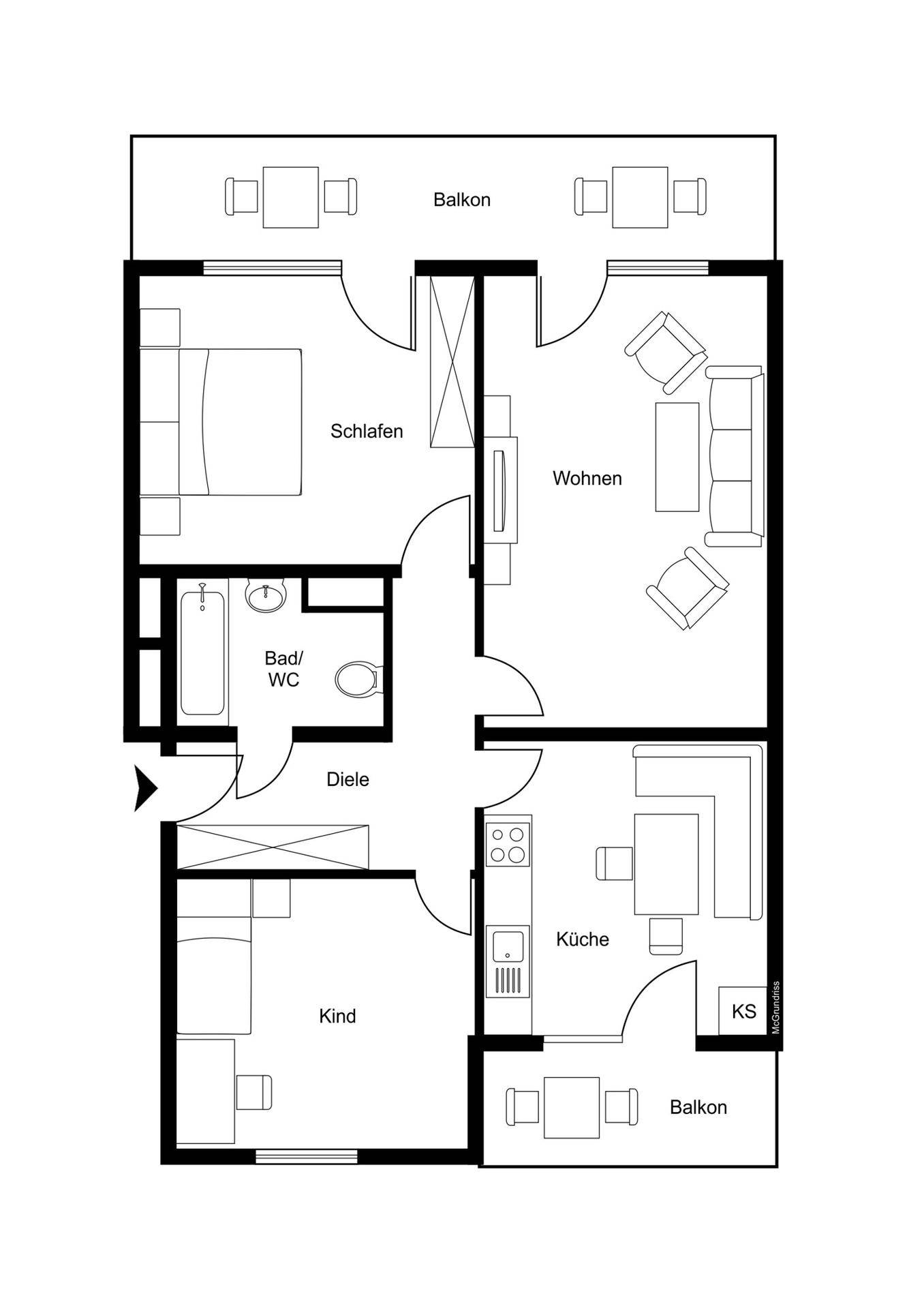 Grundriss der Wohnung zeigt Schlafzimmer, Wohnzimmer, Küche und zwei Balkone.