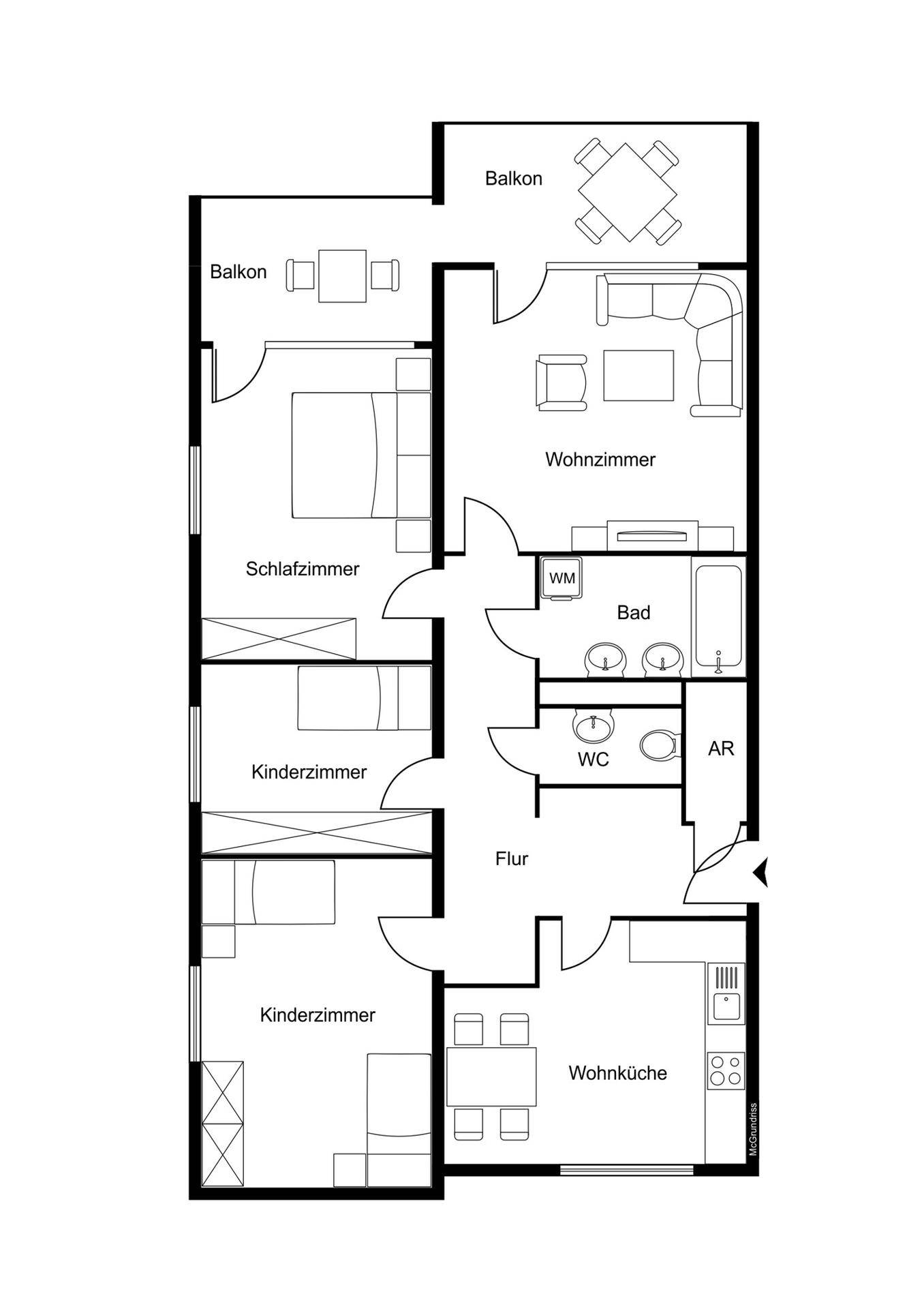 Detaillierter Grundriss einer Wohnung mit drei Schlafzimmern, Wohnküche und zwei Balkonen.