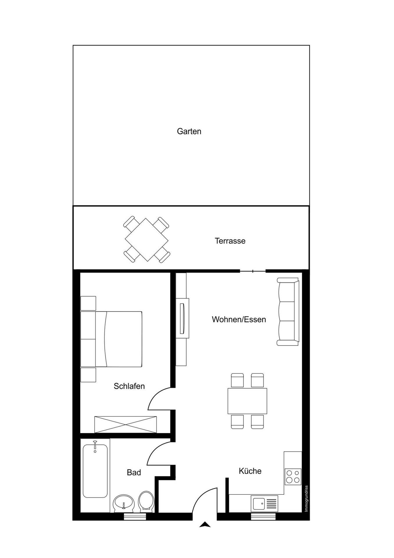 Grundriss einer Wohnung mit Schlafzimmer, Bad, Wohn-/Essbereich, Küche, Terrasse und Garten.