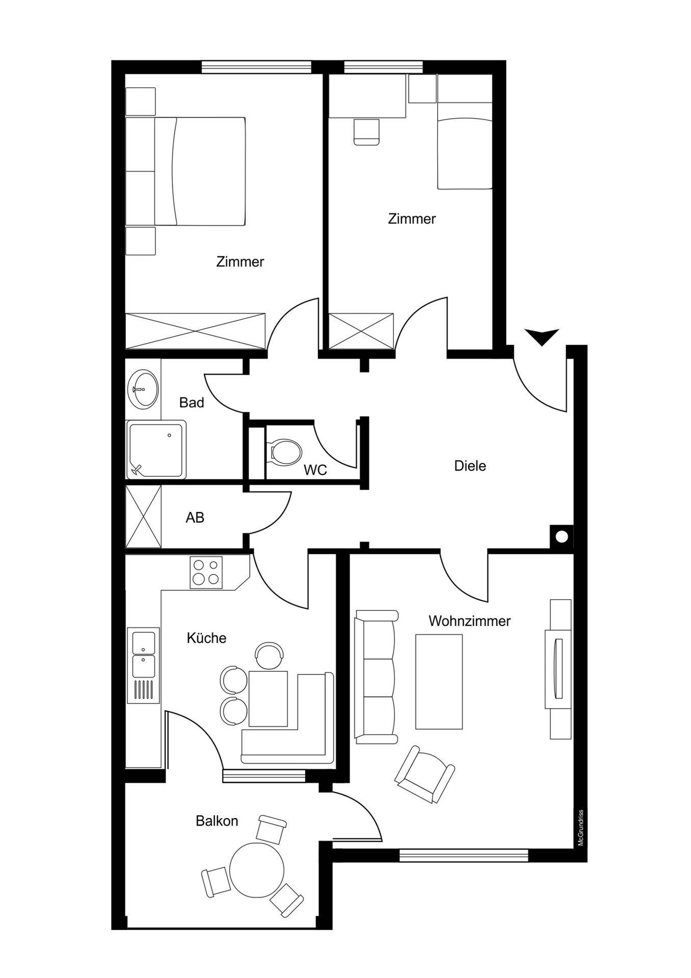 Grundriss einer Wohnung mit zwei Zimmern, Bad, WC, Küche, Wohnzimmer und Balkon.