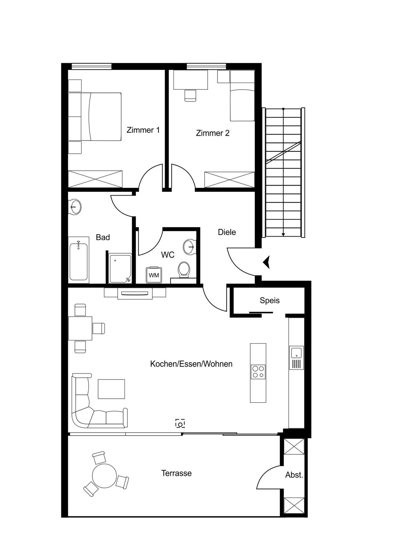 Grundrissplan zeigt die Aufteilung der Wohnung mit zwei Zimmern, Bad, WC, Küche, Ess- und Wohnbereich sowie Terrasse.