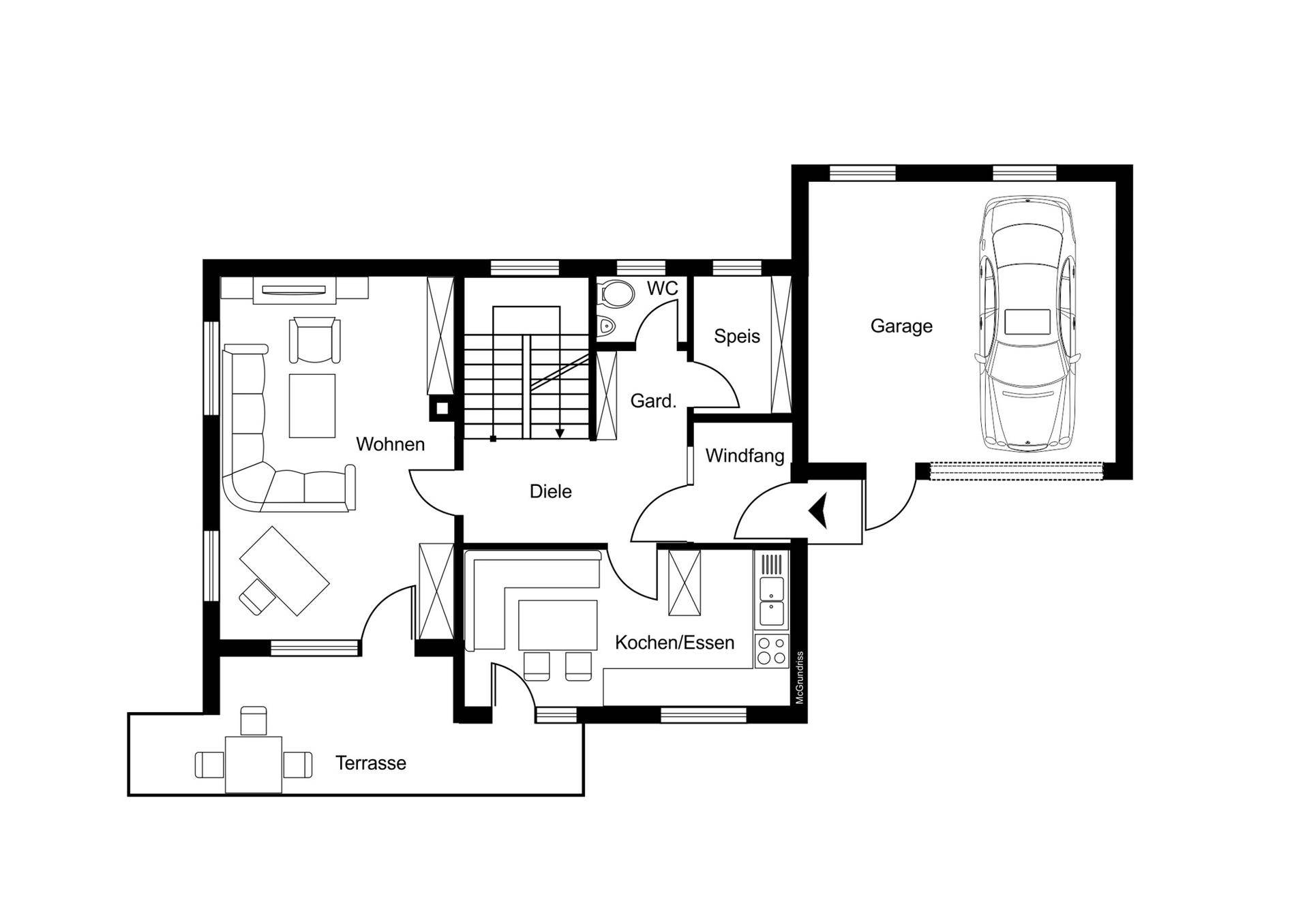 Grundriss des Erdgeschosses mit Wohnbereich, Küche, Essbereich, WC und Garage.