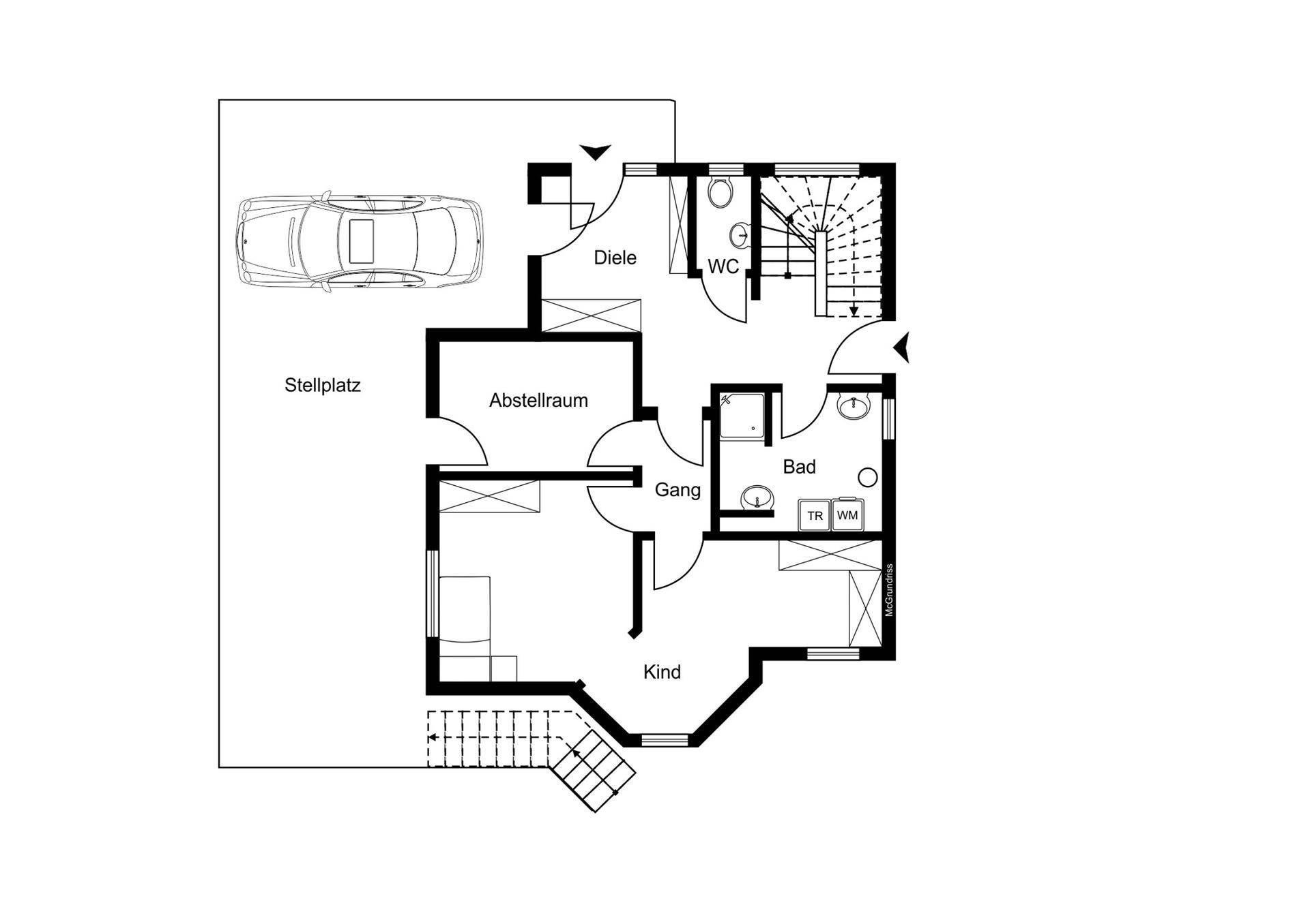 Grundriss des Erdgeschosses mit Stellplatz, Abstellraum, Bad und Gäste-WC.