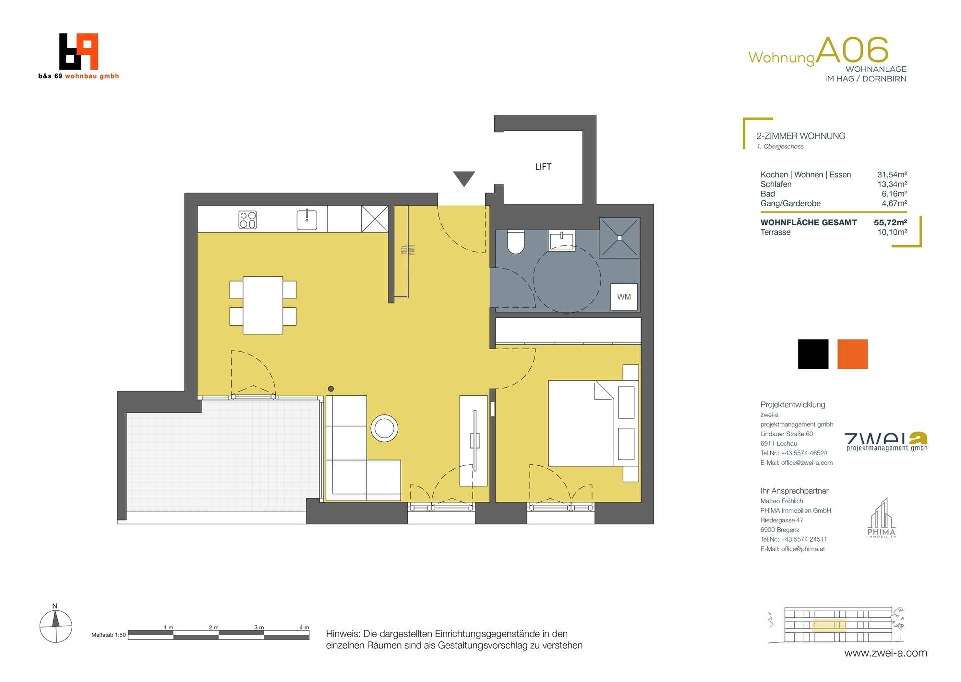 Grundriss einer 2-Zimmer-Wohnung mit offenem Wohnbereich, Schlafzimmer und Terrasse.