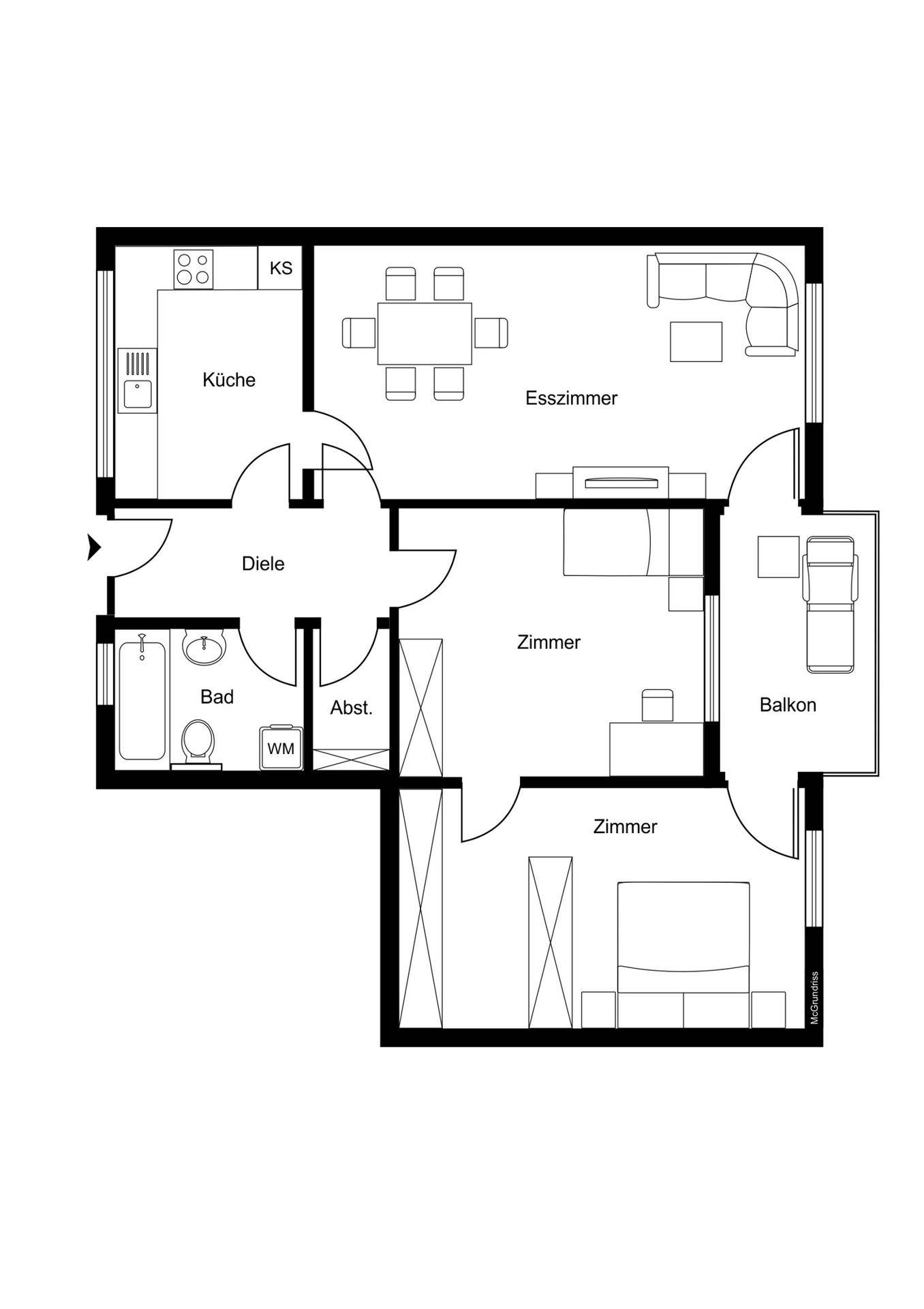 Detaillierter Grundriss einer Wohnung mit Küche, Esszimmer, Wohnzimmer, zwei Zimmern, Bad und Balkon.