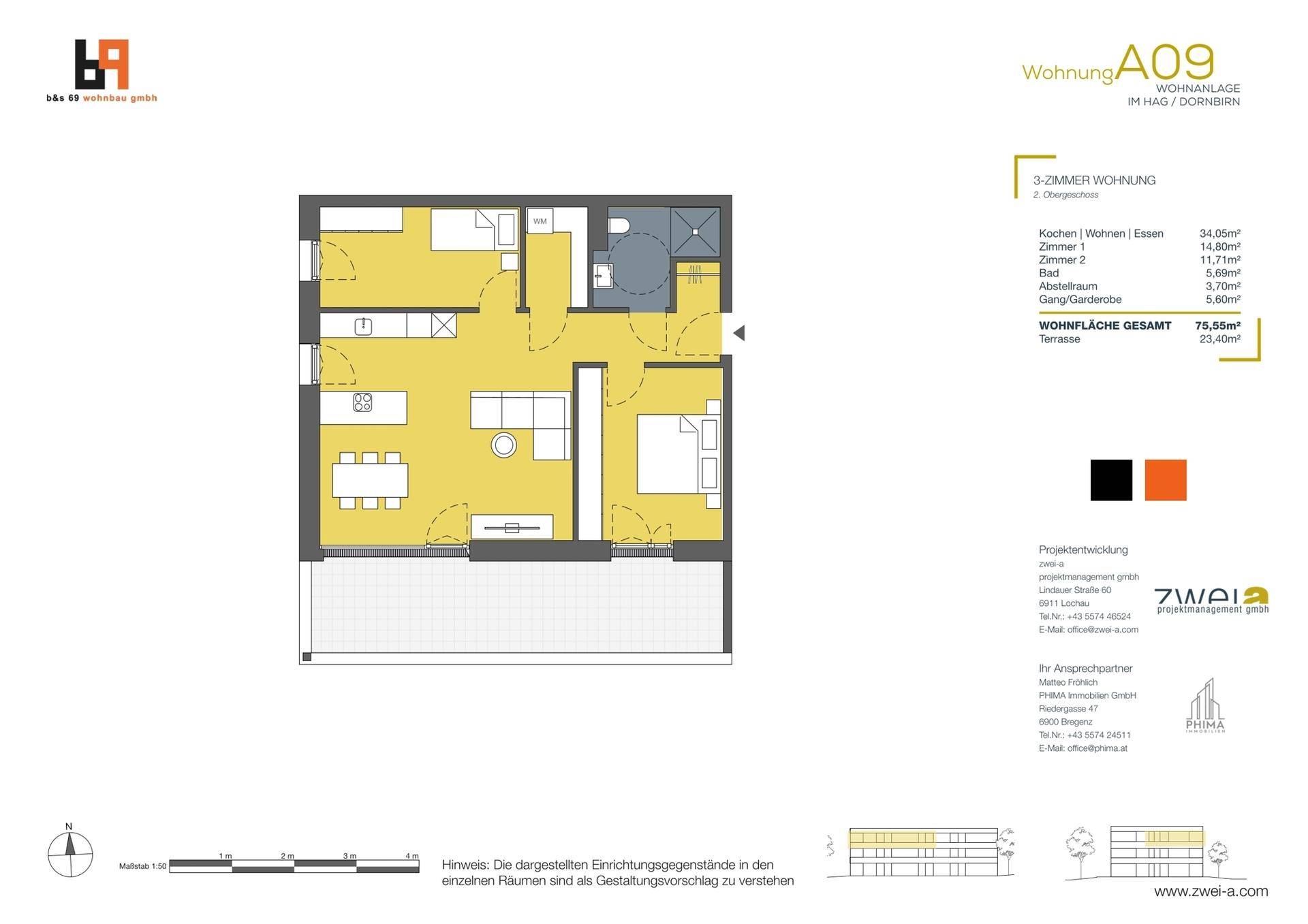 Grundriss einer 3-Zimmer-Wohnung mit offener Küche, Wohnbereich und großer Terrasse.