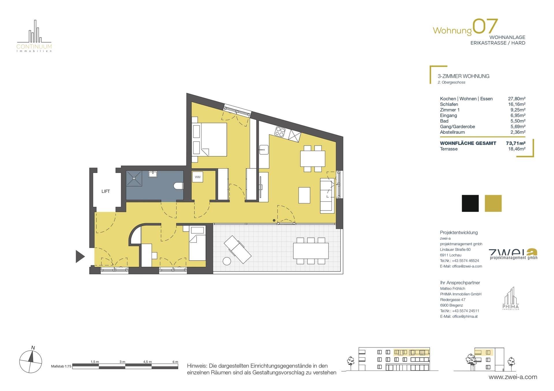 Detaillierter Grundriss einer 3-Zimmer-Wohnung mit offener Küche, Wohnbereich und Terrasse.