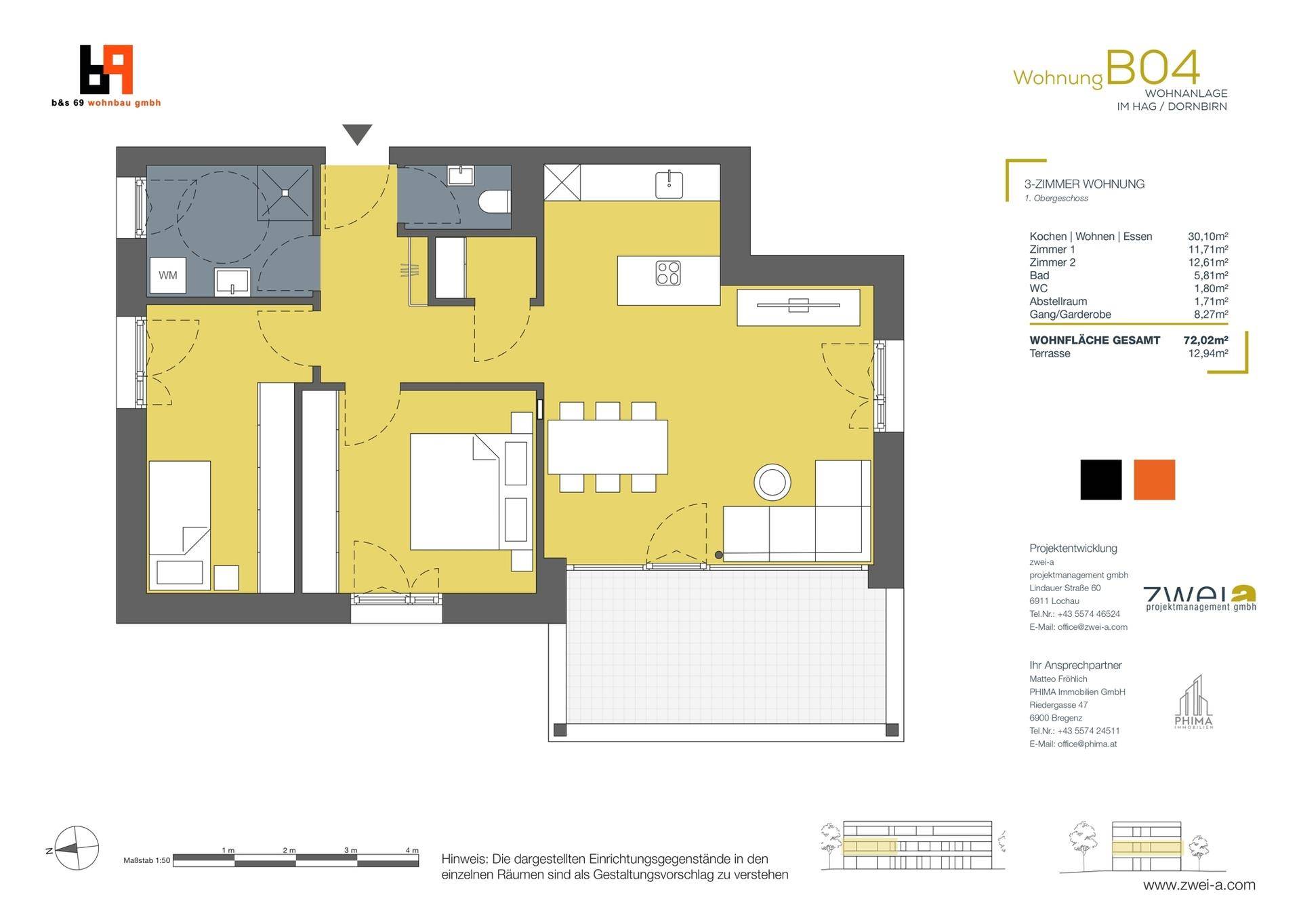 Grundriss einer 3-Zimmer-Wohnung mit offenem Wohnbereich, zwei Schlafzimmern und großer Terrasse.
