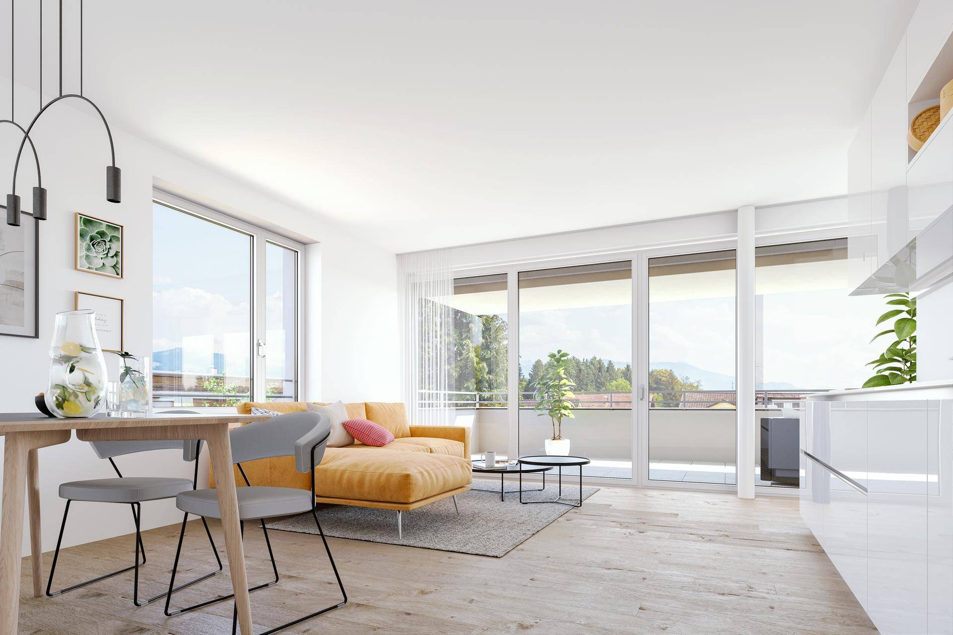 Heller, offener Wohn-Essbereich mit moderner Küche, Holzboden und Zugang zum Balkon.