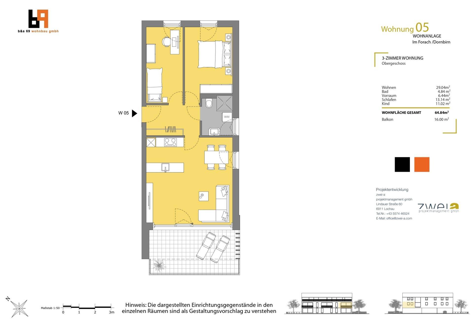 Grundriss der Wohnung 05 mit drei Zimmern, offenem Wohnbereich und großem Balkon.