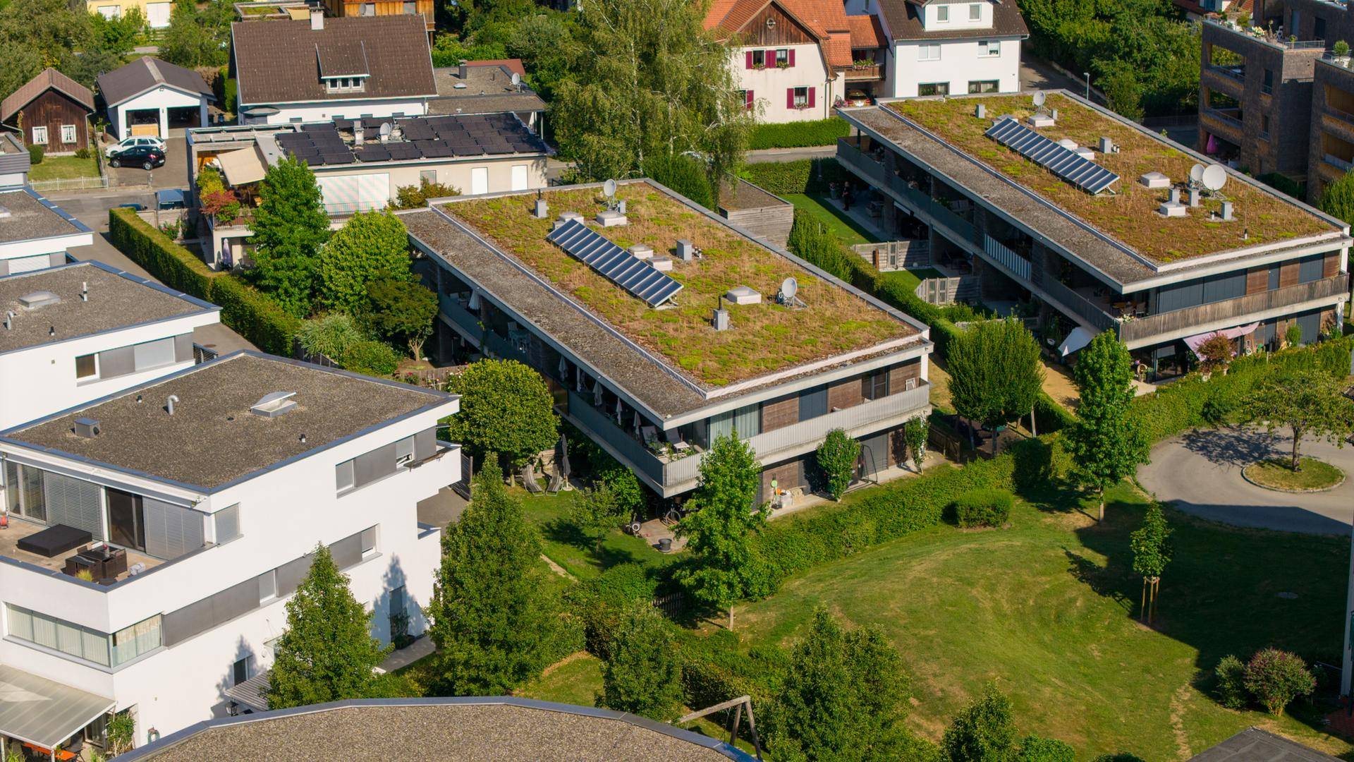 Nahaufnahme von modernen Wohngebäuden mit begrünten Dächern und Solaranlagen.