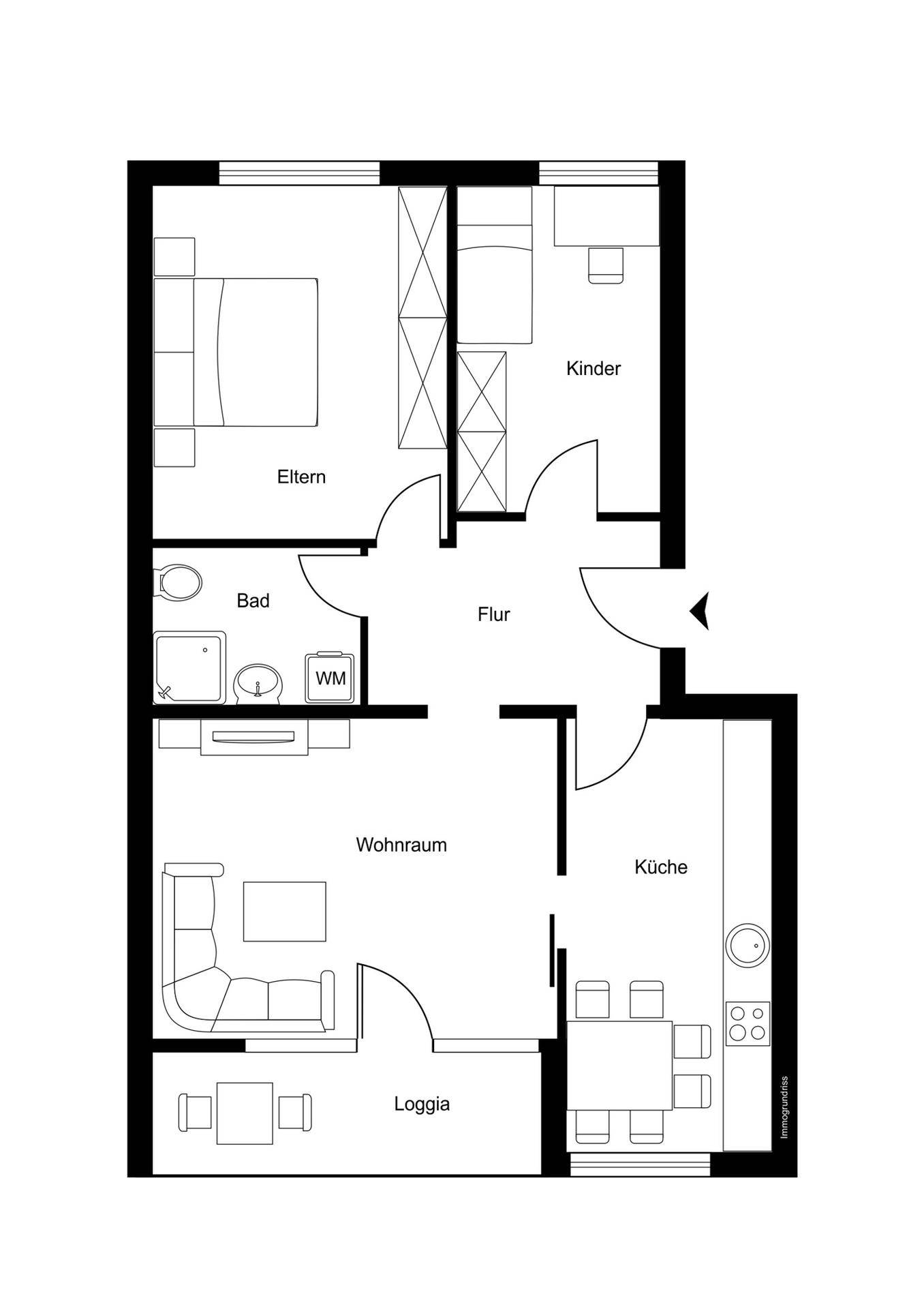 Grundriss einer Wohnung mit Wohnraum, Küche, Schlafzimmern und Loggia.