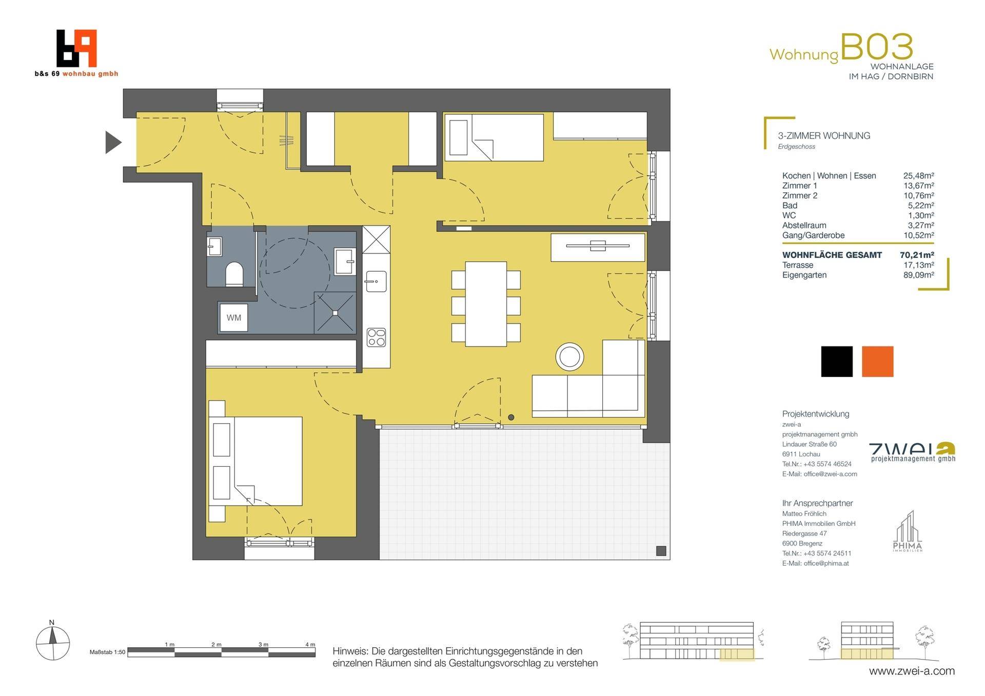 Grundriss einer 3-Zimmer-Wohnung mit offenem Wohnbereich, Terrasse und Garten.