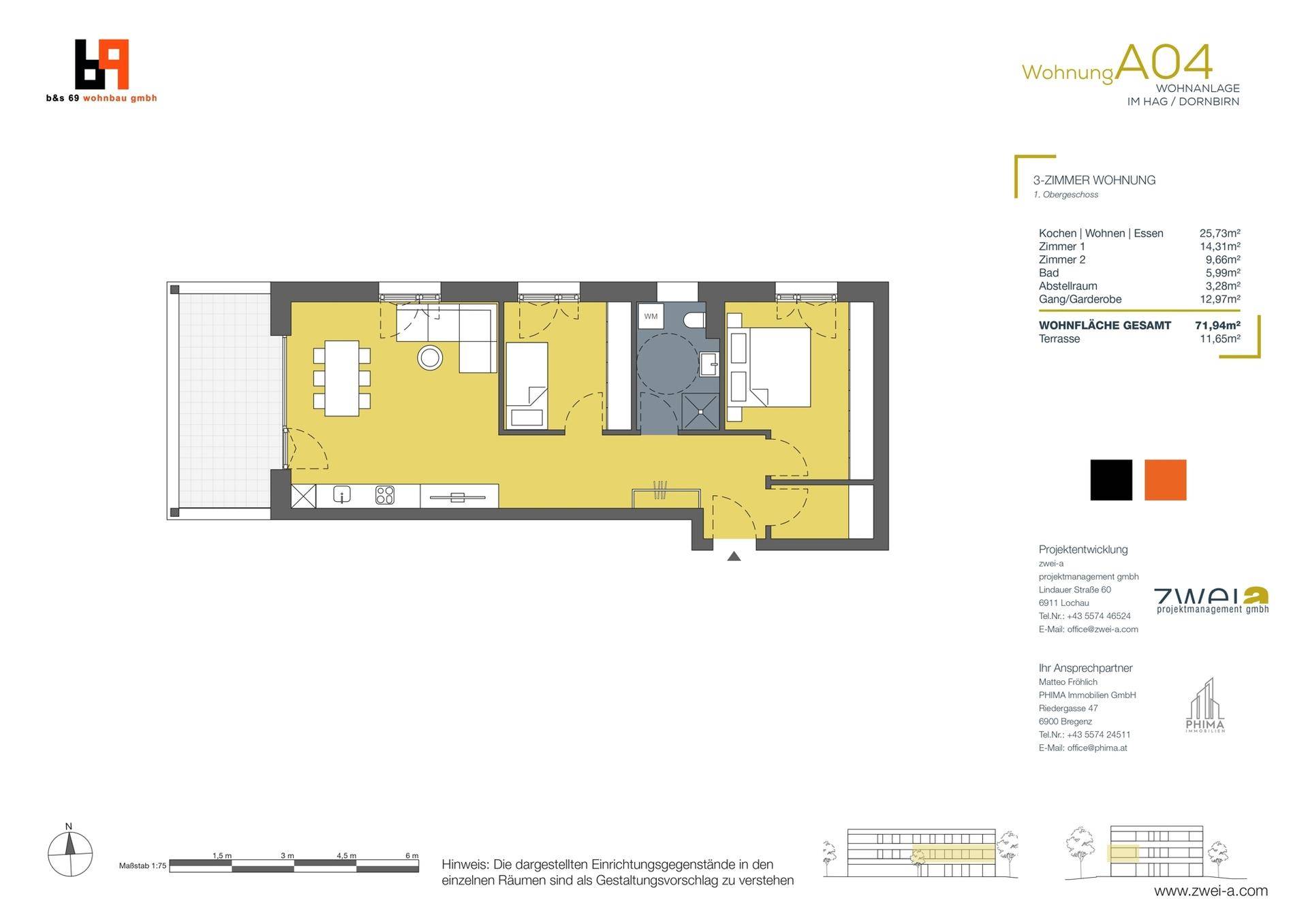 Grundriss der 3-Zimmer-Wohnung A04 mit offenem Wohnbereich, zwei Schlafzimmern und Terrasse.