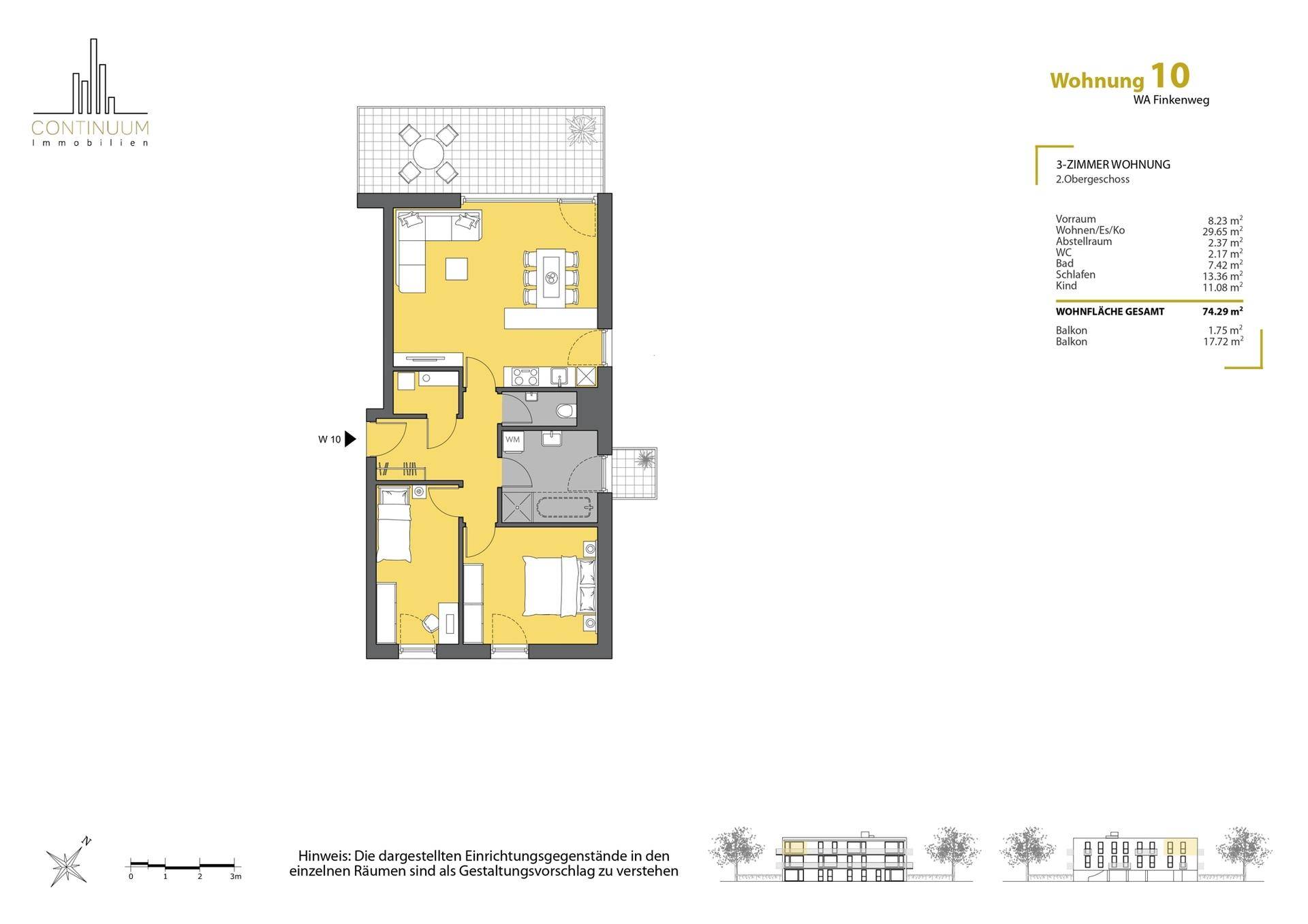 Grundriss einer 3-Zimmer-Wohnung im Obergeschoss mit offenem Wohnbereich und Balkon.