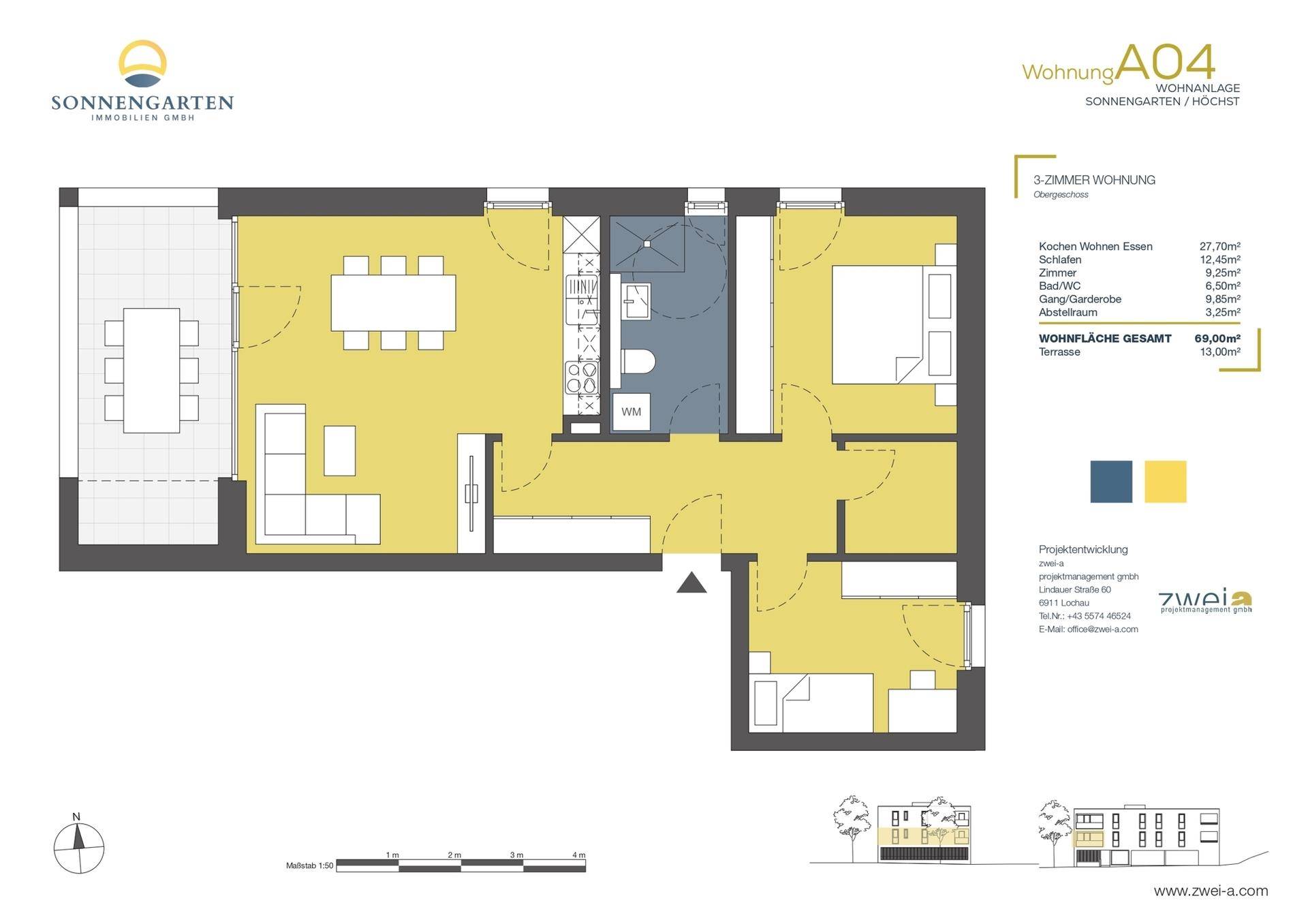Detaillierter Grundriss der Wohnung A04 mit offenem Wohnbereich und großer Terrasse.