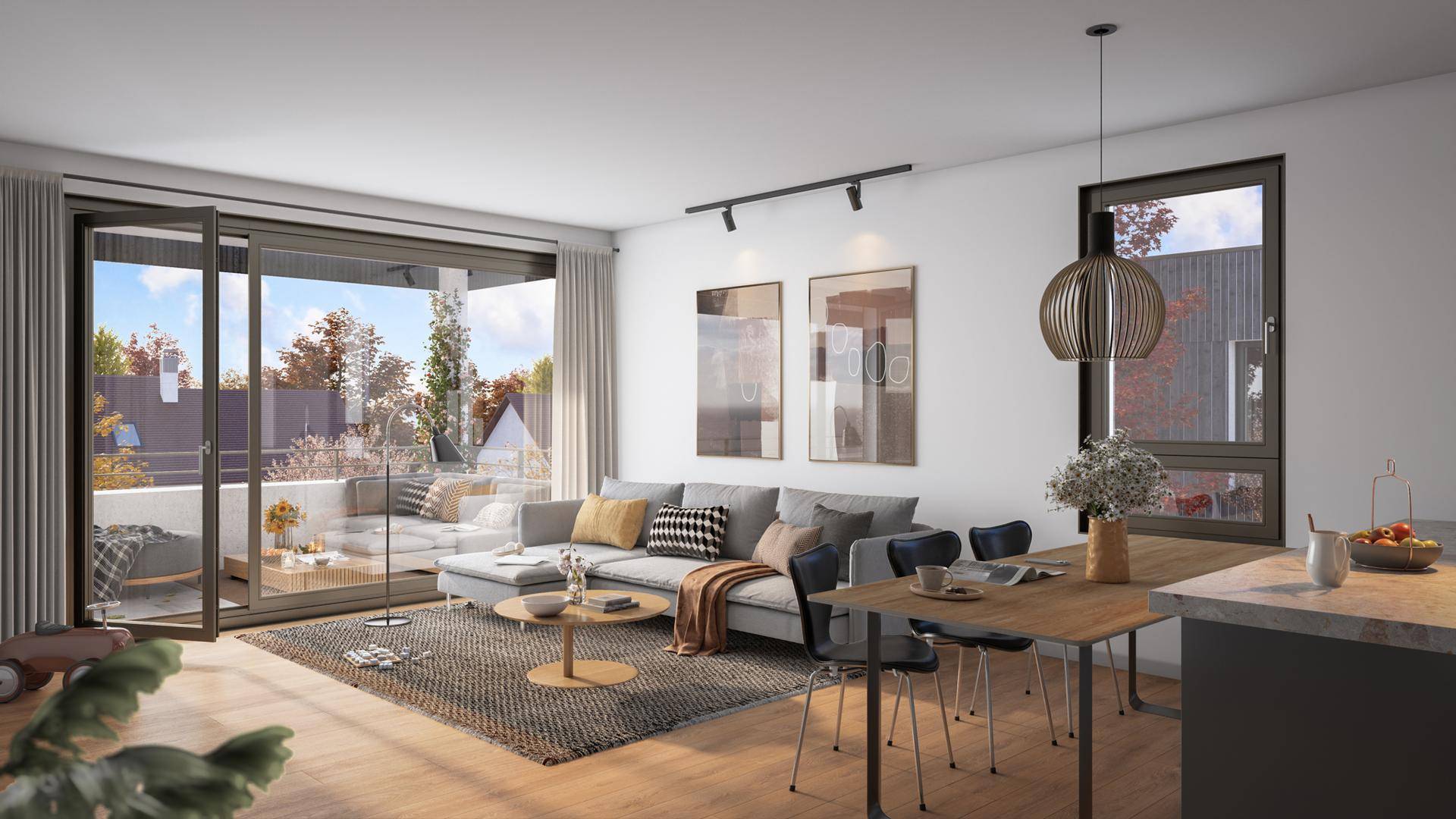 Heller Wohn-Essbereich mit Holzboden, modernem Sofa und Zugang zu einem großen Balkon.