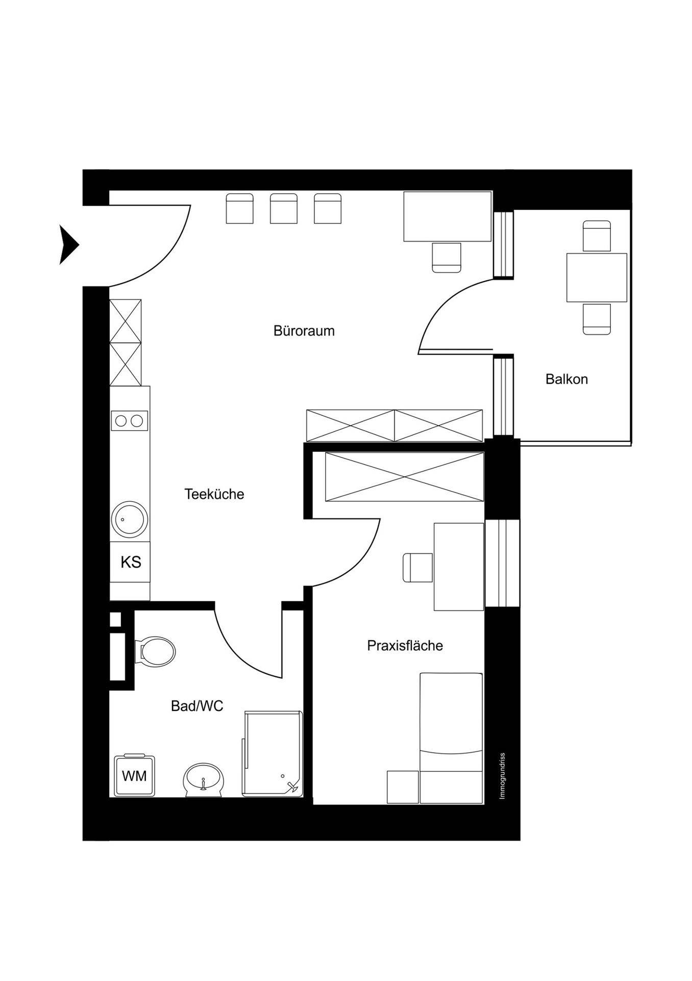 Grundrissplan einer Wohnung mit Büro, Teeküche, Bad und Balkon, übersichtlich dargestellt.