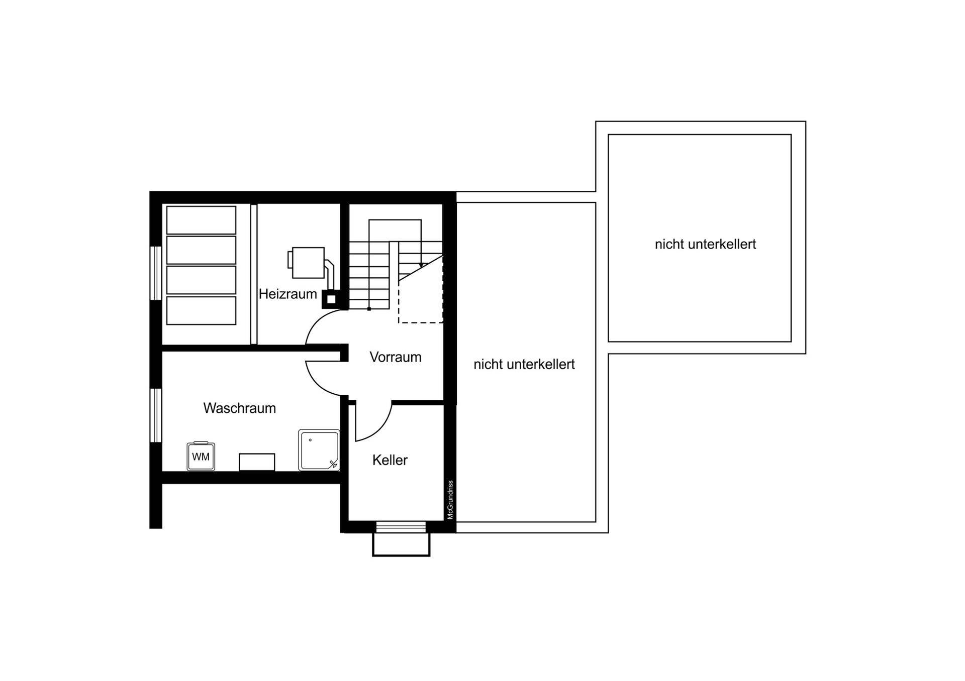 Grundriss des Untergeschosses mit Heizraum, Waschraum und Kellerabteil.