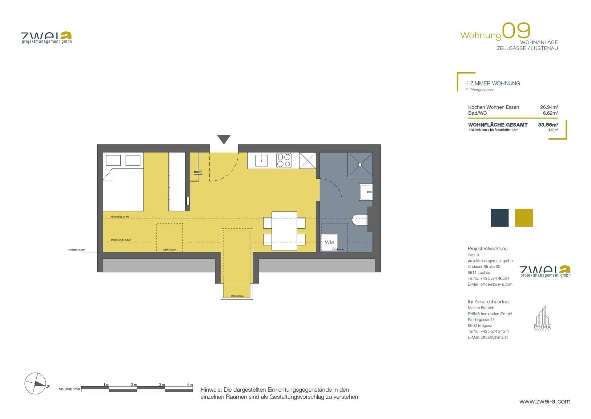 Grundriss einer 1-Zimmer-Wohnung mit offener Küche, Wohnbereich und separatem Schlafzimmer.