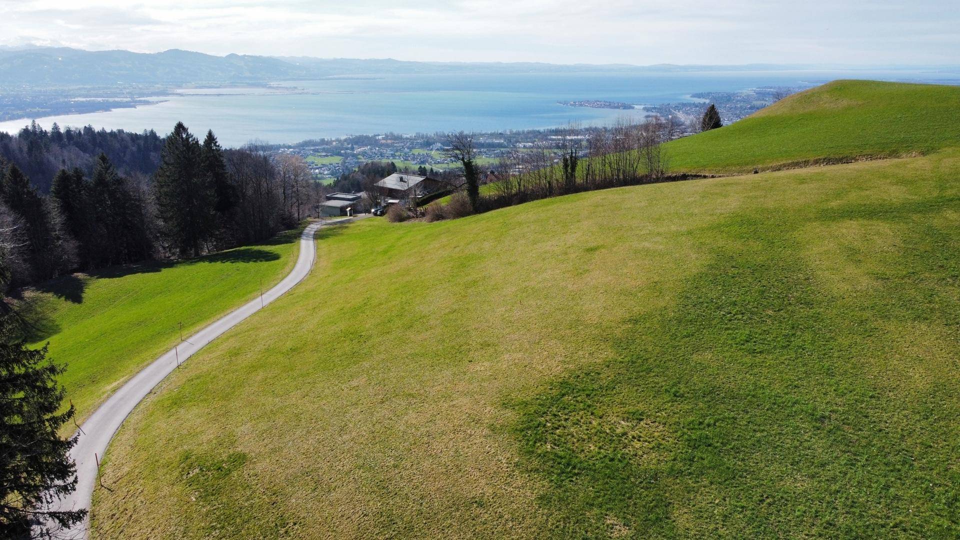 Luftaufnahme einer malerischen Landschaft mit Wiesen, Wald, einem See und Bergen im Hintergrund.