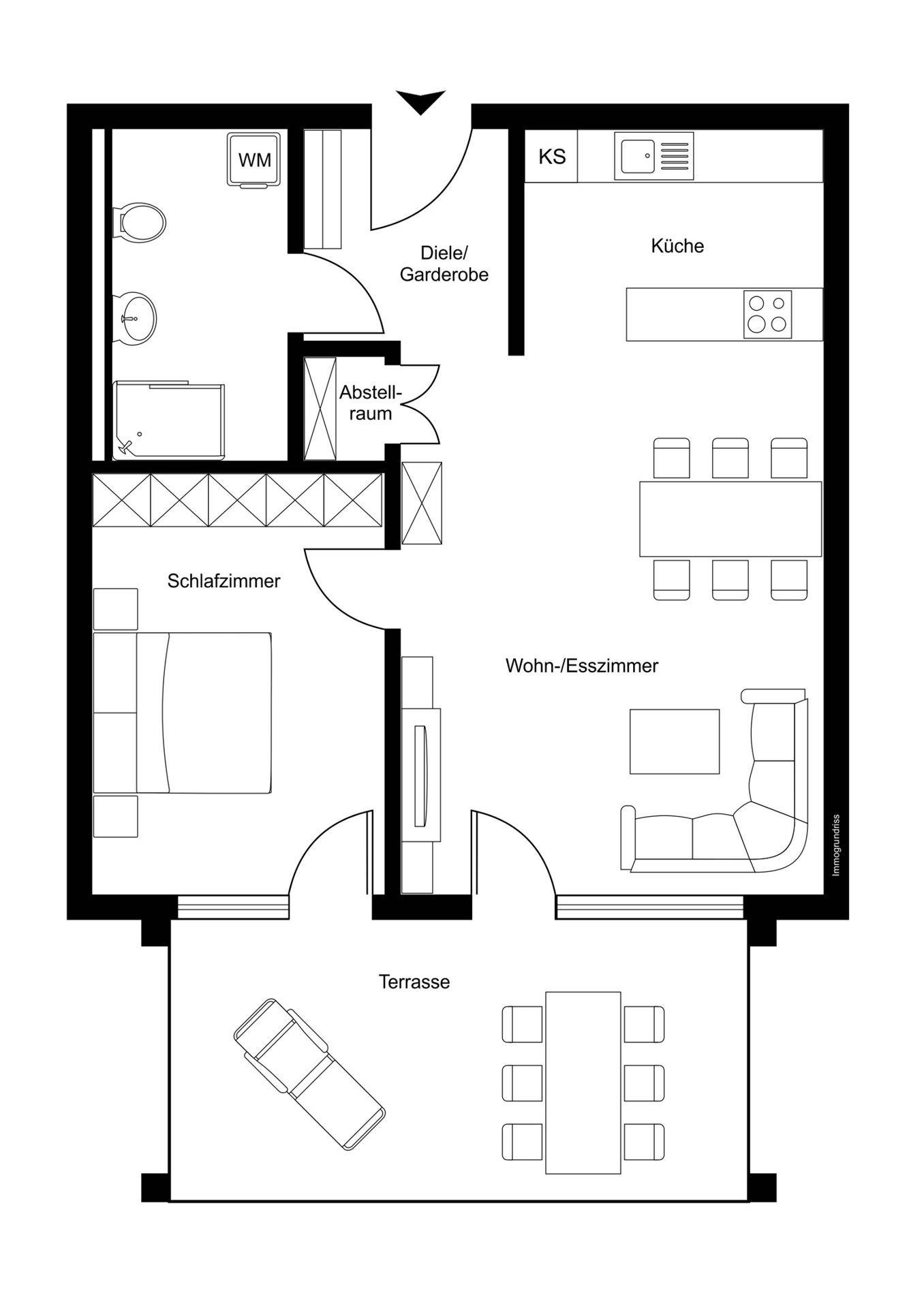 Grundrissplan einer Wohnung mit Wohn-Esszimmer, Schlafzimmer und Terrasse.