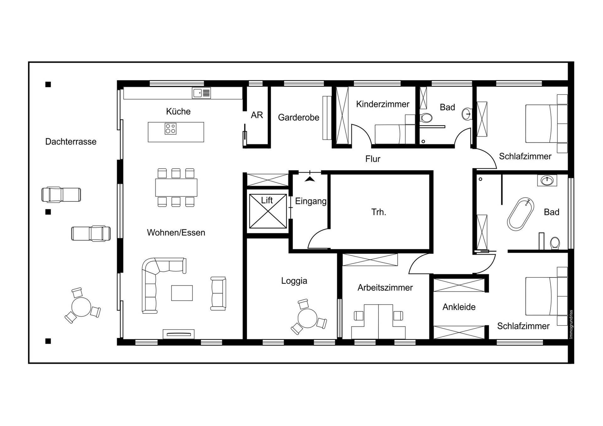 Detaillierter Grundriss der Wohnung mit Wohn-/Essbereich, Küche, Schlafzimmern und Dachterrasse.
