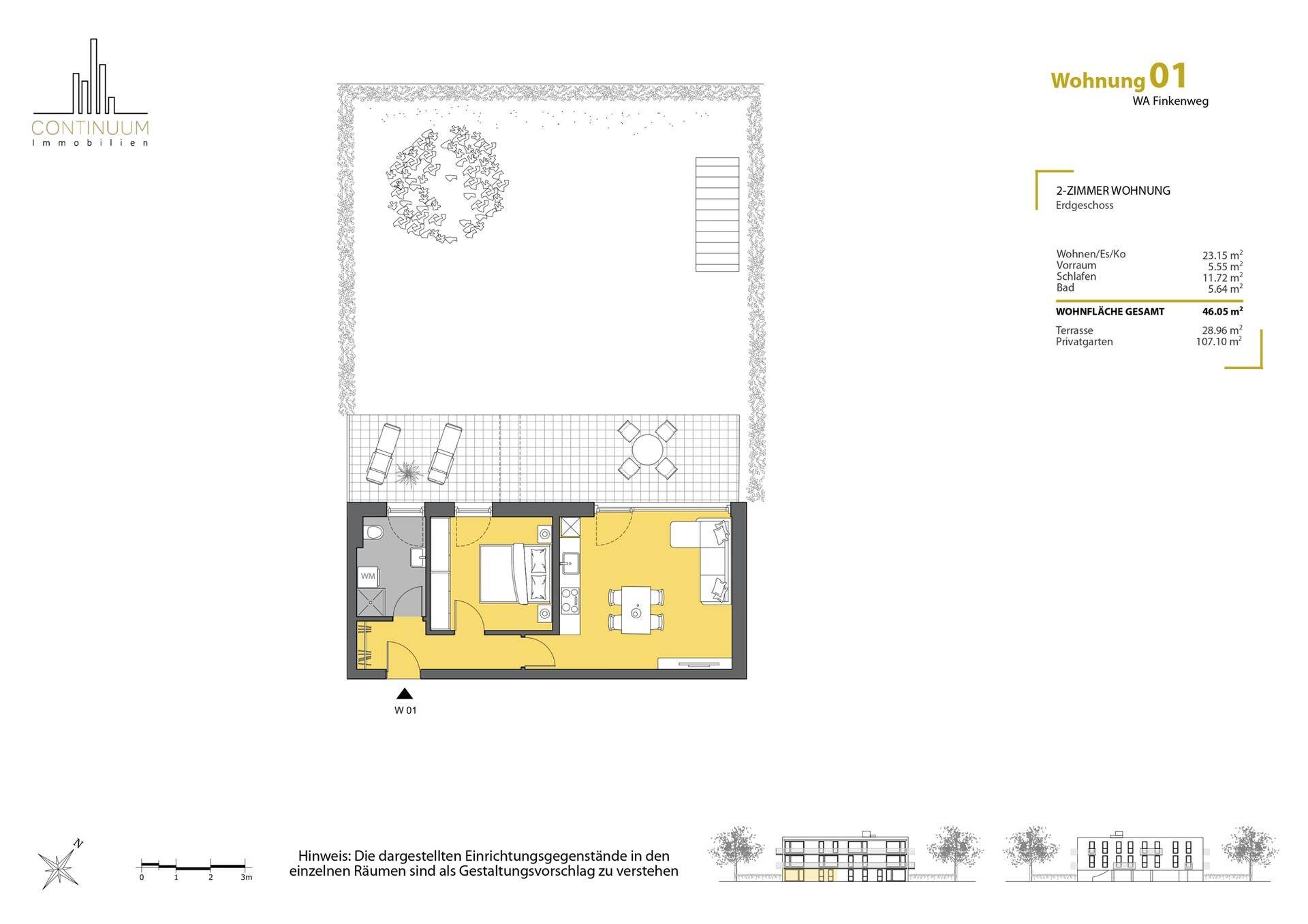 Grundriss der Wohnung 01 im Erdgeschoss mit Garten und Terrasse.