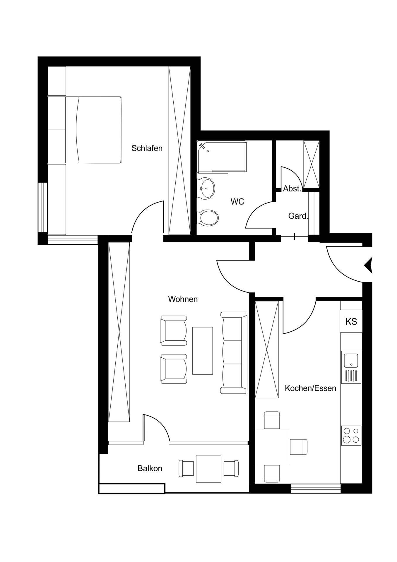 Grundriss einer Wohnung mit Schlafzimmer, Wohnbereich, Küche/Essen und Balkon.