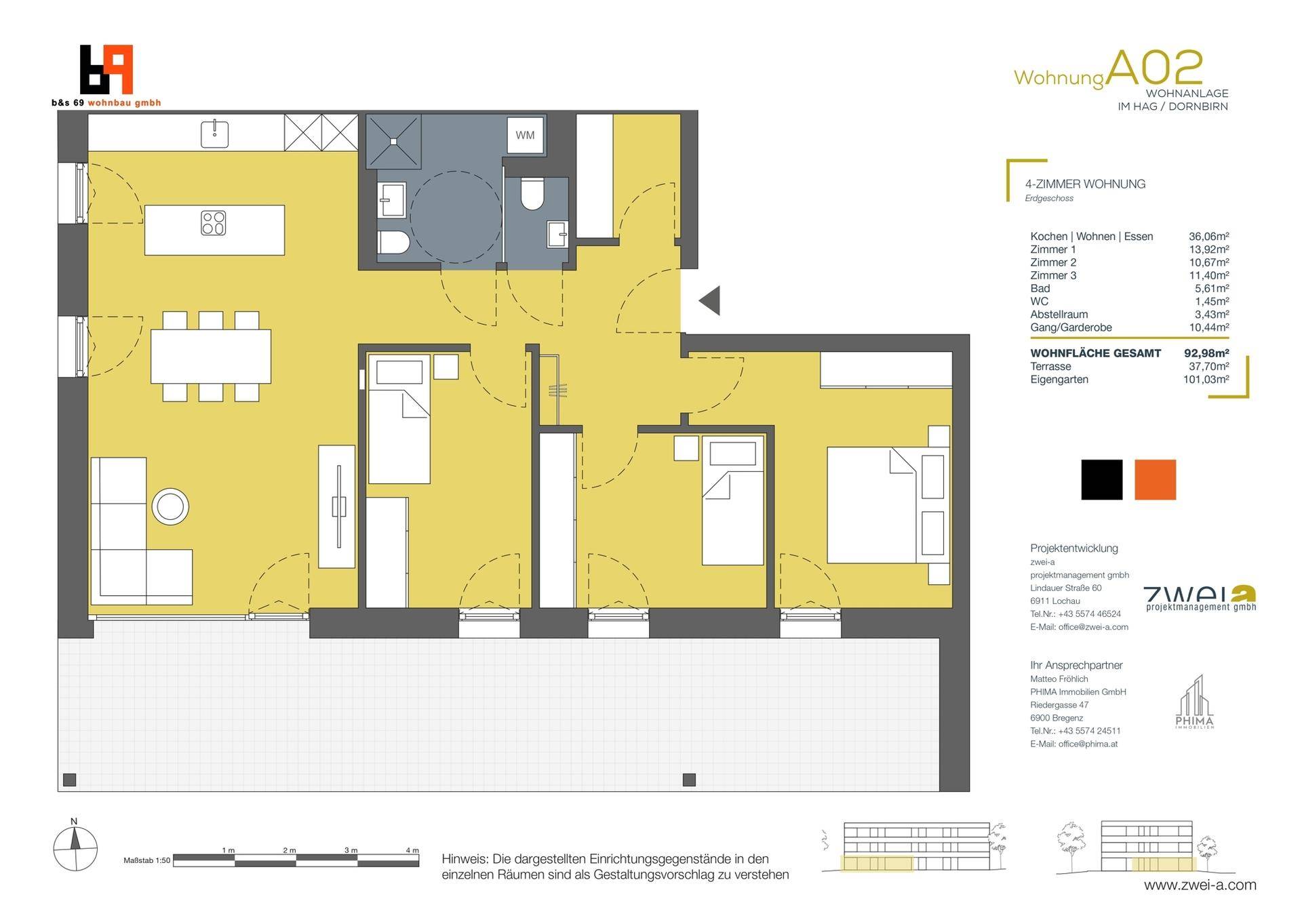 Grundriss einer 4-Zimmer-Wohnung mit offenem Wohnbereich, drei Schlafzimmern und Terrasse.