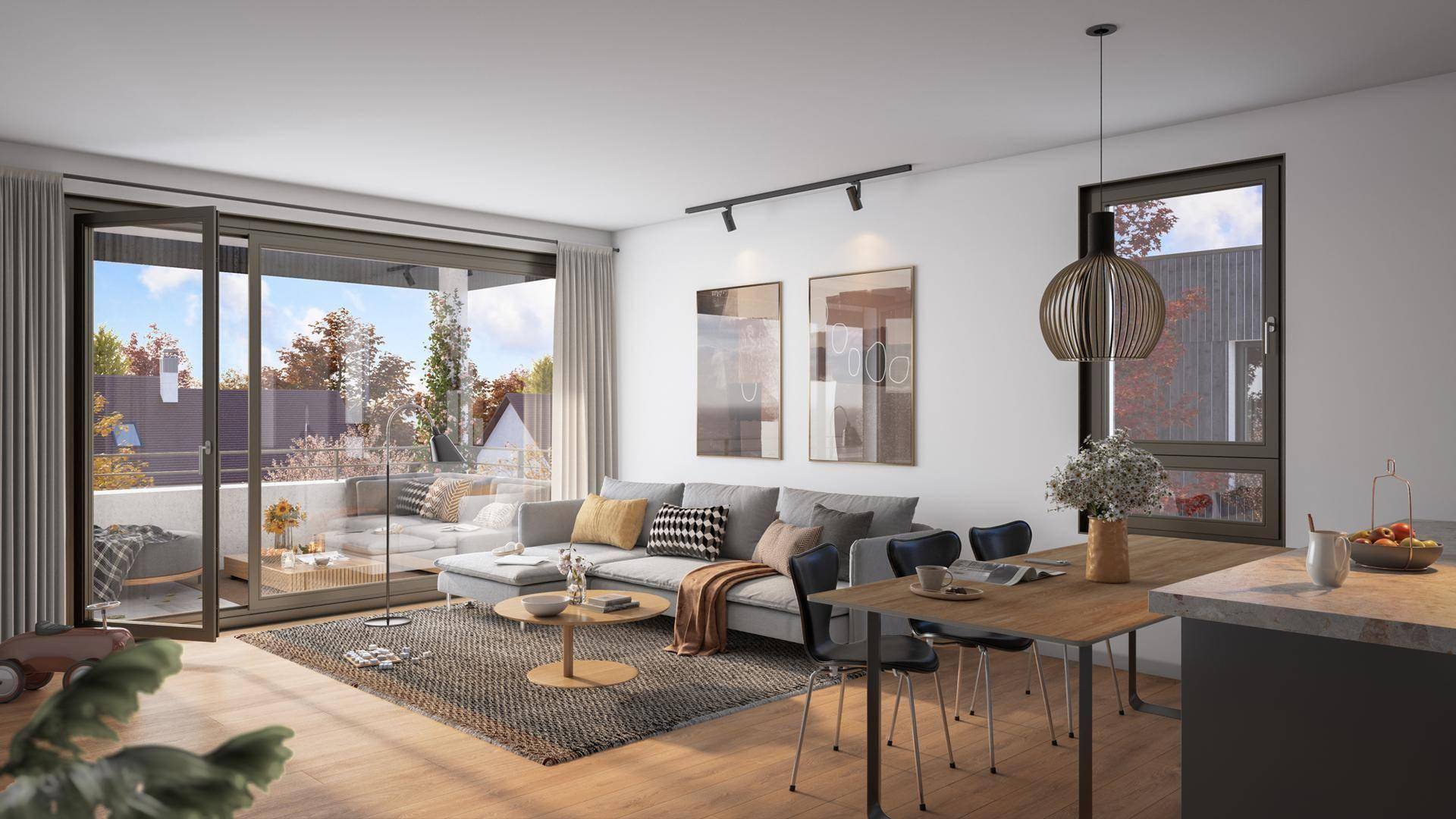 Heller Wohn-Essbereich mit Holzboden, modernem Mobiliar und direktem Zugang zum Balkon.