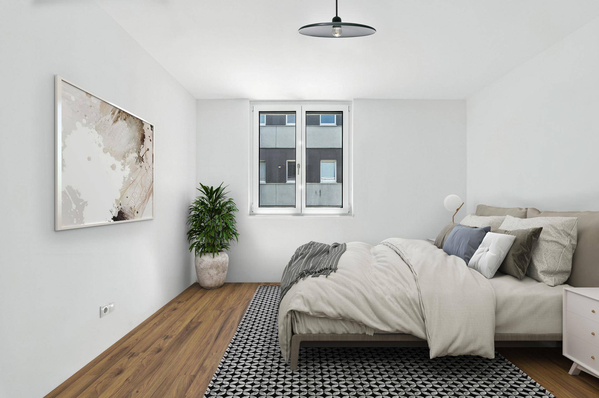 Virtuell eingerichtetes Schlafzimmer mit Holzboden, großem Fenster und moderner Dekoration.