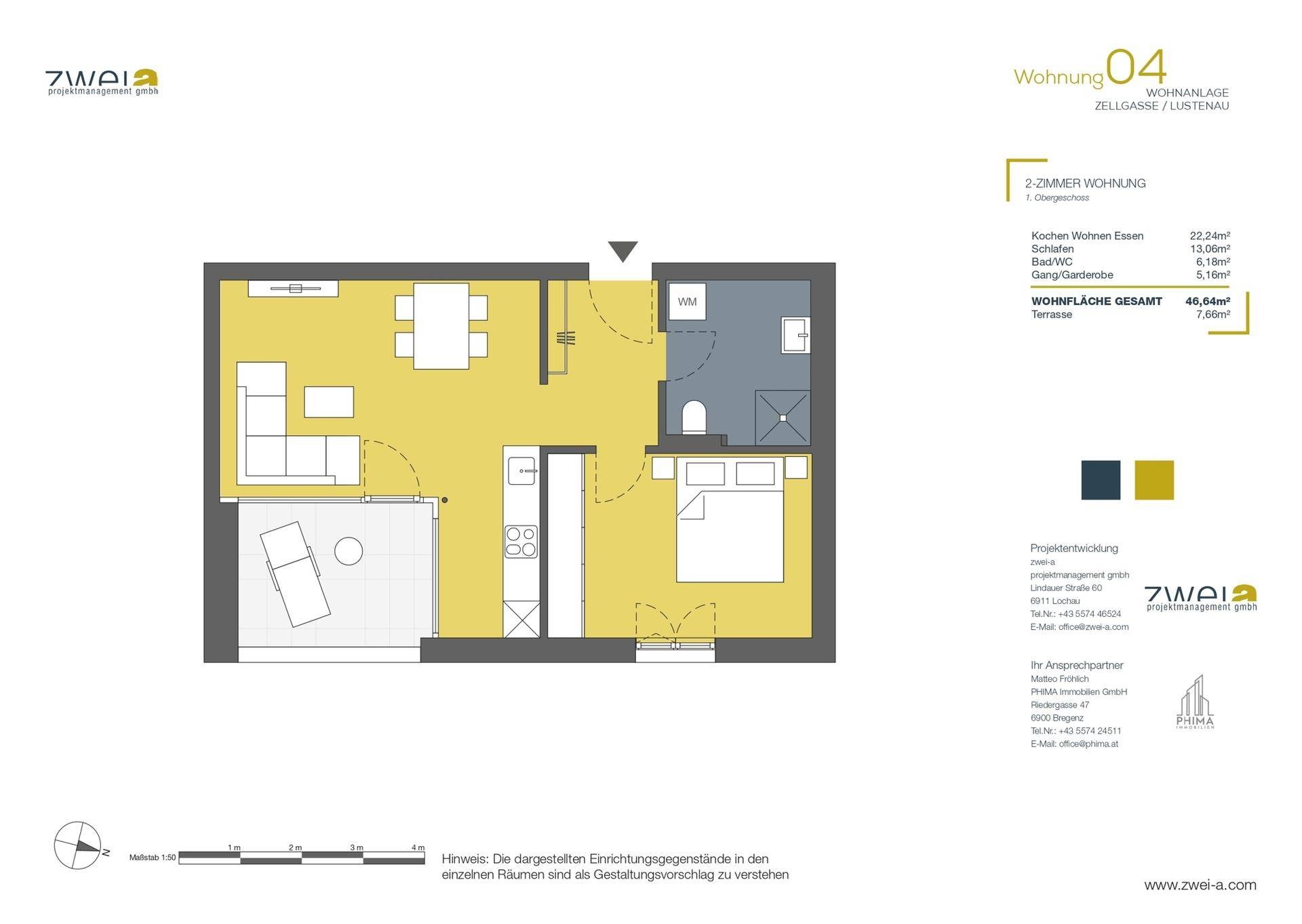 Grundriss einer 2-Zimmer-Wohnung mit offenem Wohnbereich, Schlafzimmer, Bad und Zugang zu Terrasse und Balkon.