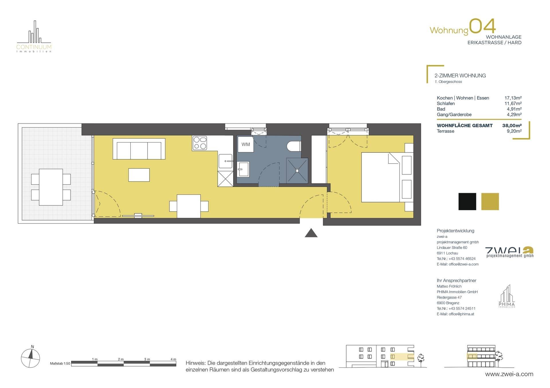 Grundriss einer 2-Zimmer-Wohnung mit offener Küche, Wohnbereich, Schlafzimmer und Terrasse.
