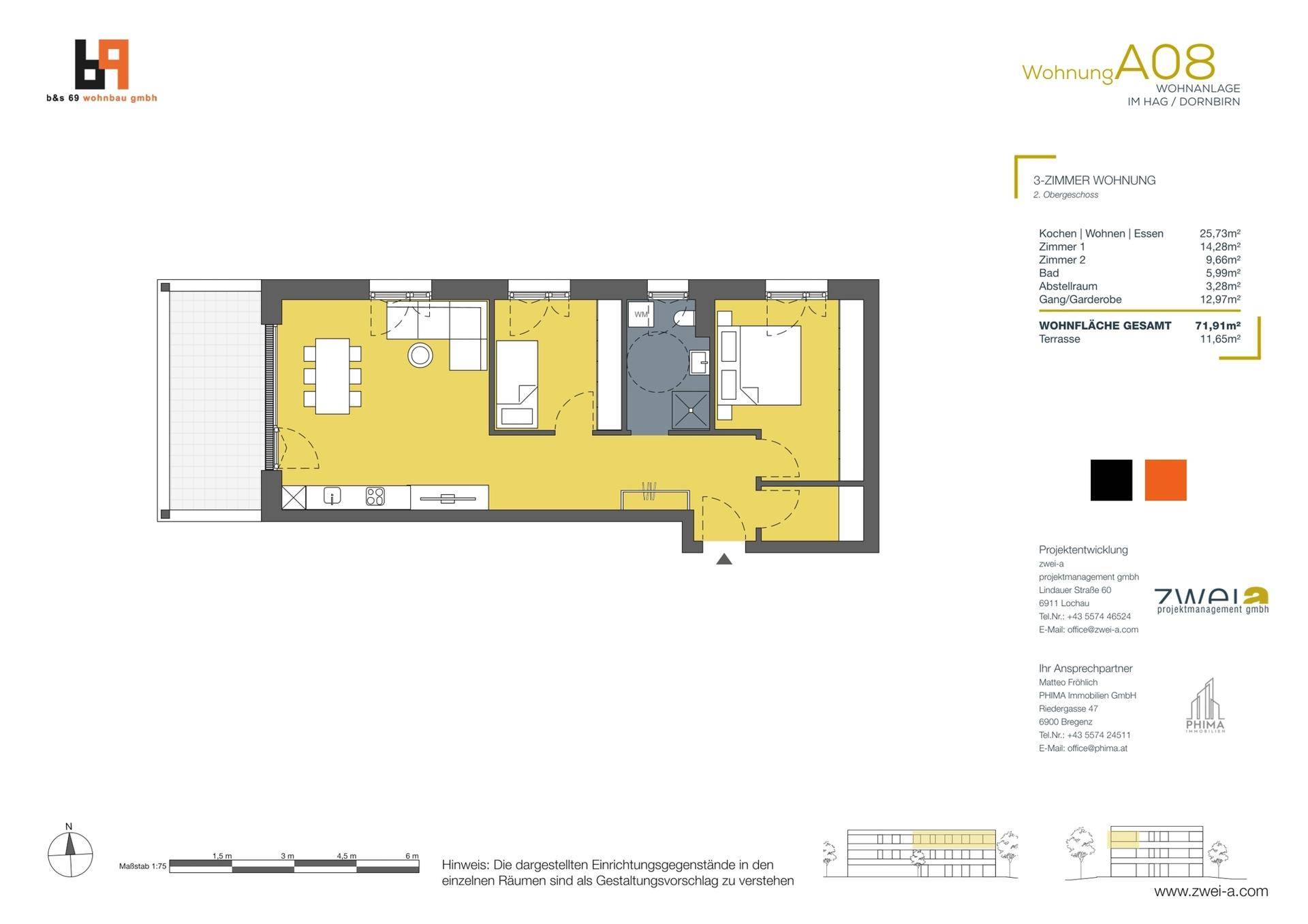Grundriss der 3-Zimmer-Wohnung A08 mit offenem Wohnbereich und großer Terrasse.