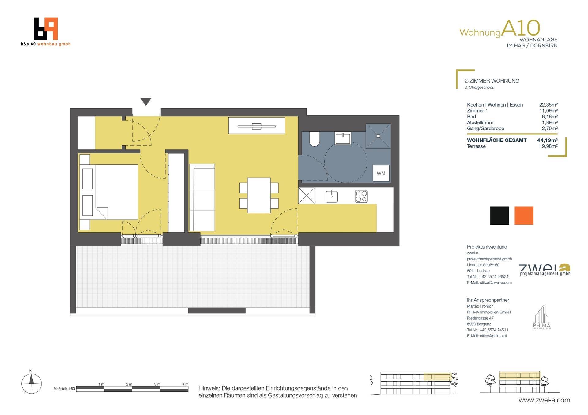 Grundriss einer 2-Zimmer-Wohnung mit offenem Wohn-Essbereich, Schlafzimmer und Bad, inklusive Terrasse.
