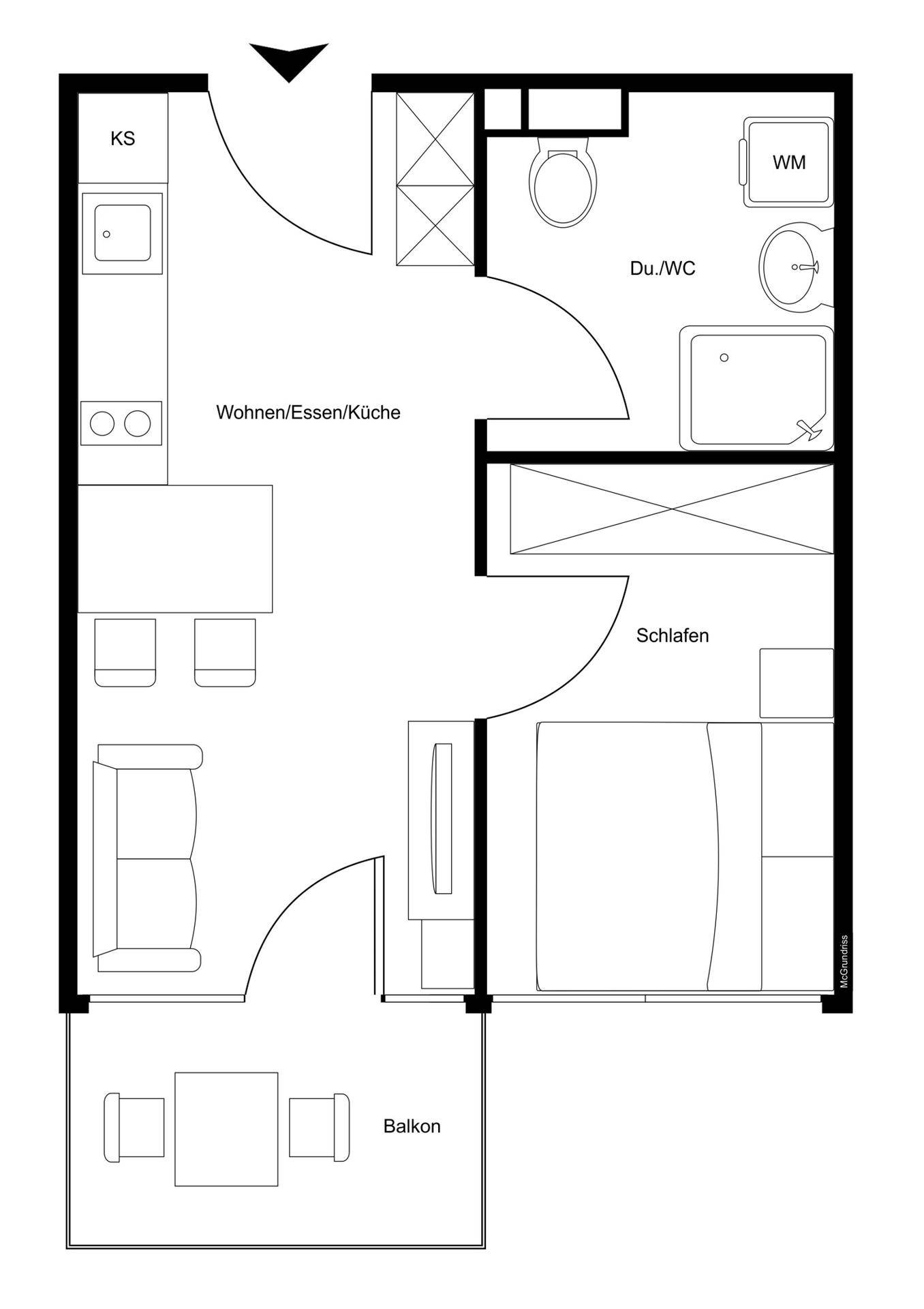 Grundriss einer Wohnung mit offenem Wohn-/Ess-/Kochbereich, Schlafzimmer, Bad und Balkon.