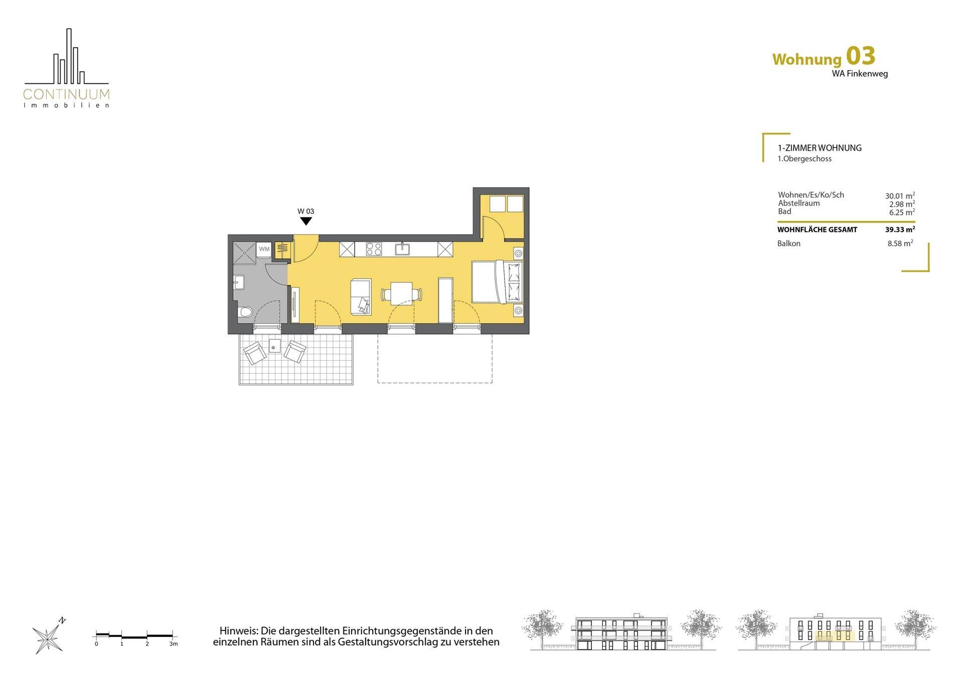 Grundriss einer 1-Zimmer-Wohnung mit offenem Wohnbereich, Bad und Balkon.