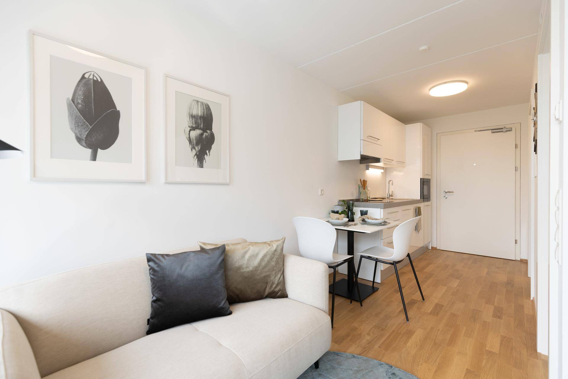 Moderner Wohnbereich mit beigem Sofa, kleinem Esstisch und funktionaler Küchenzeile, hell und einladend.