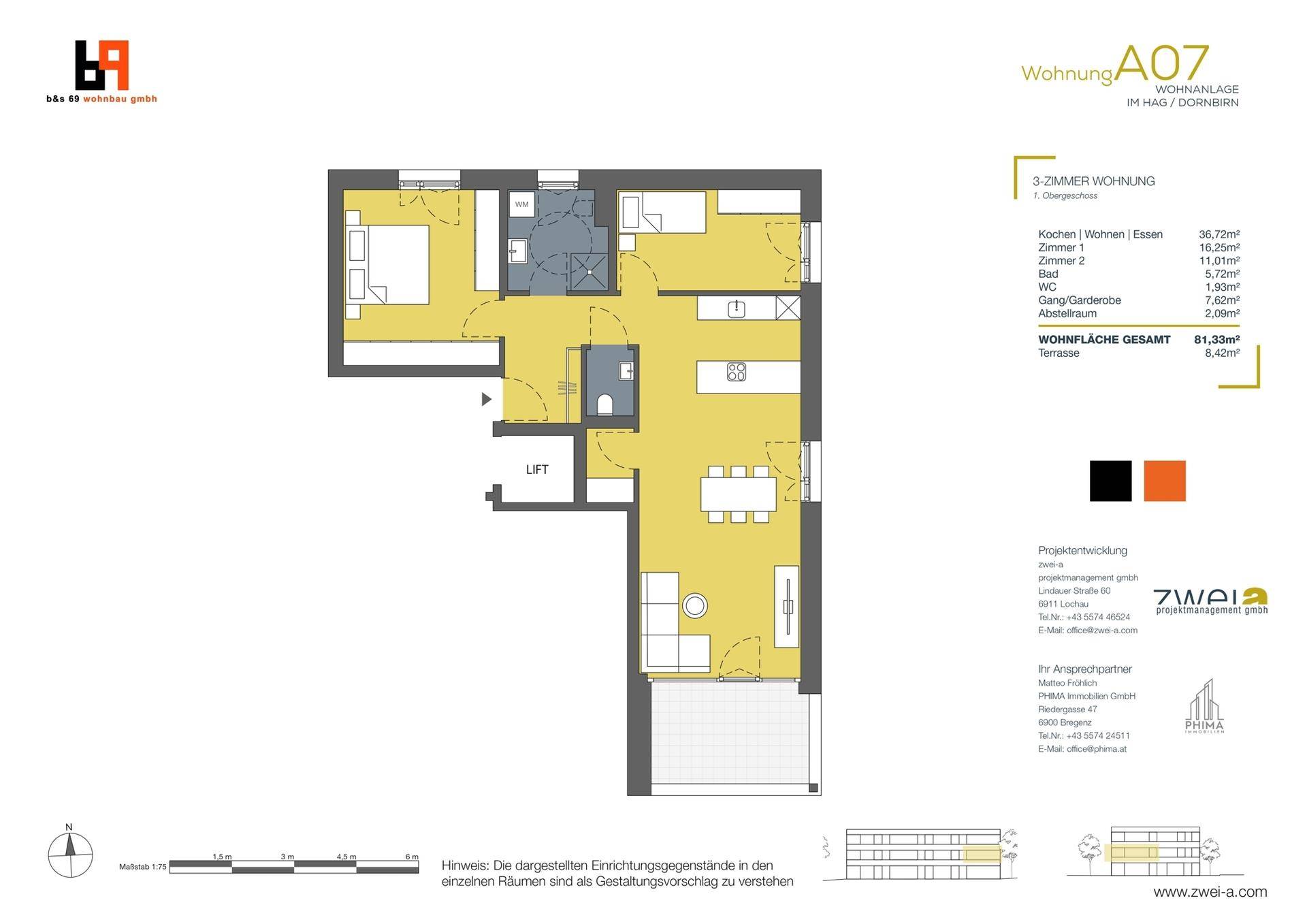 Grundriss der Wohnung A07 mit drei Zimmern, offener Küche und großer Terrasse.