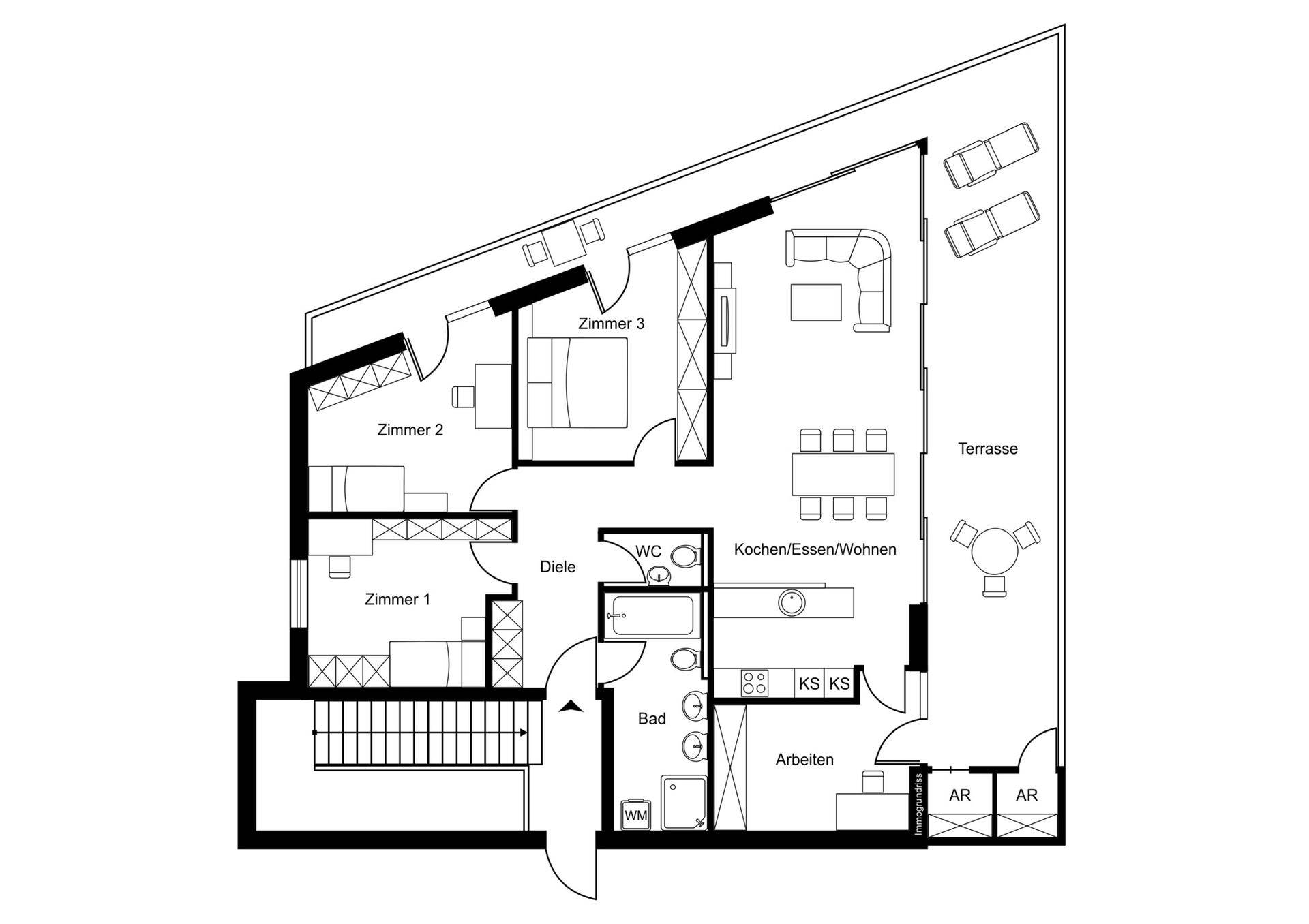 Grundriss einer Wohnung mit drei Zimmern, offenem Wohnbereich und großer Terrasse.