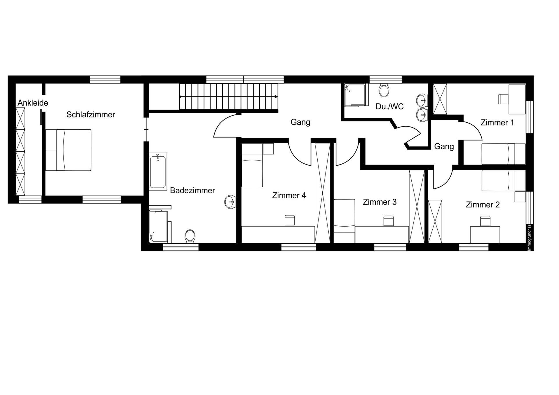 Grundriss des Obergeschosses mit Schlafzimmern, Ankleide, Badezimmer und separatem Dusch-WC.