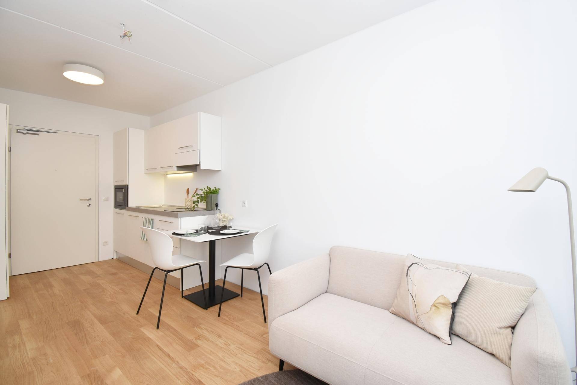 Heller Wohnraum mit integrierter Küchenzeile, Essplatz und gemütlichem Sofa in neutralen Farben.
