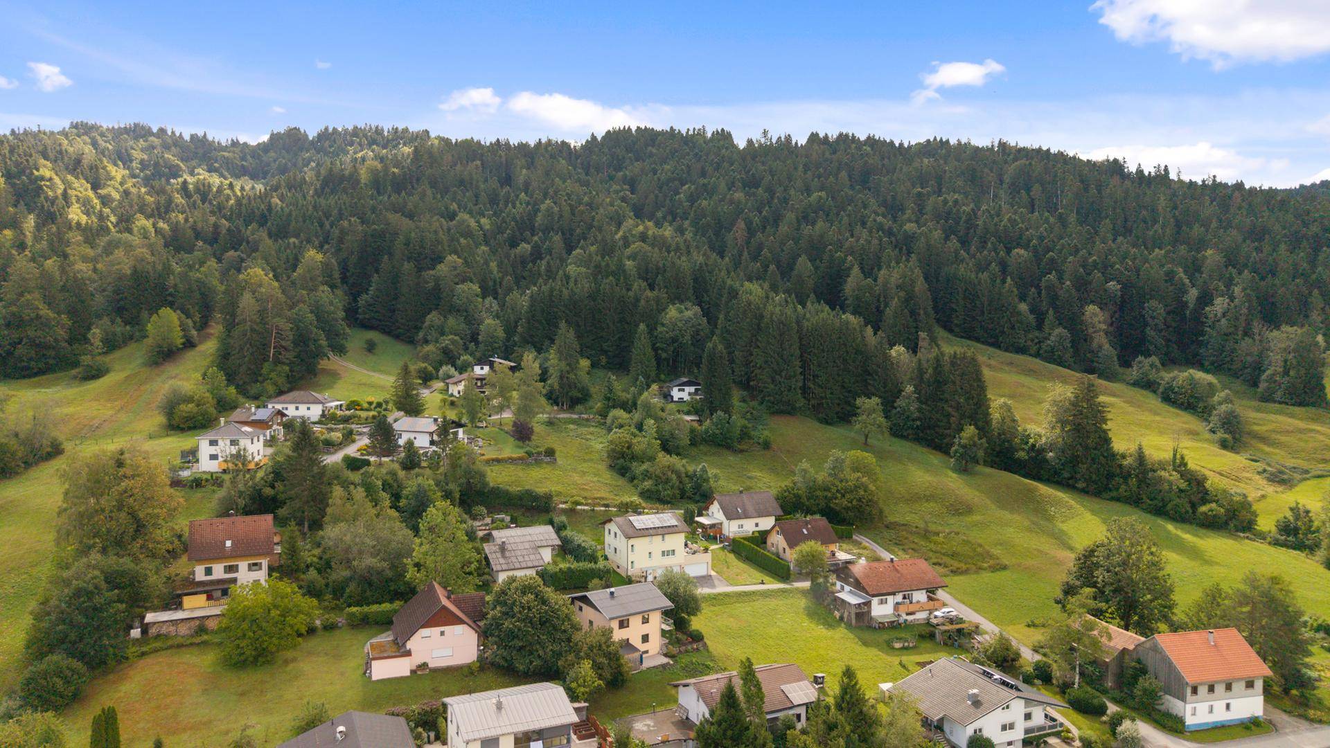 Panoramablick aus der Luft auf eine idyllische Wohngegend umgeben von dichten Wäldern und grünen Wiesen.