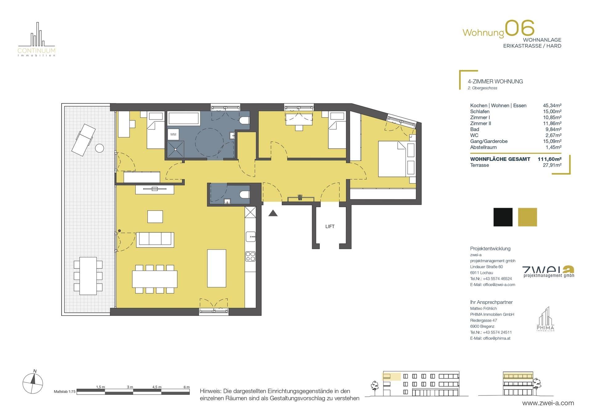 Detaillierter Grundriss der Wohnung 06 mit offenem Wohnbereich, drei Schlafzimmern und großer Terrasse.