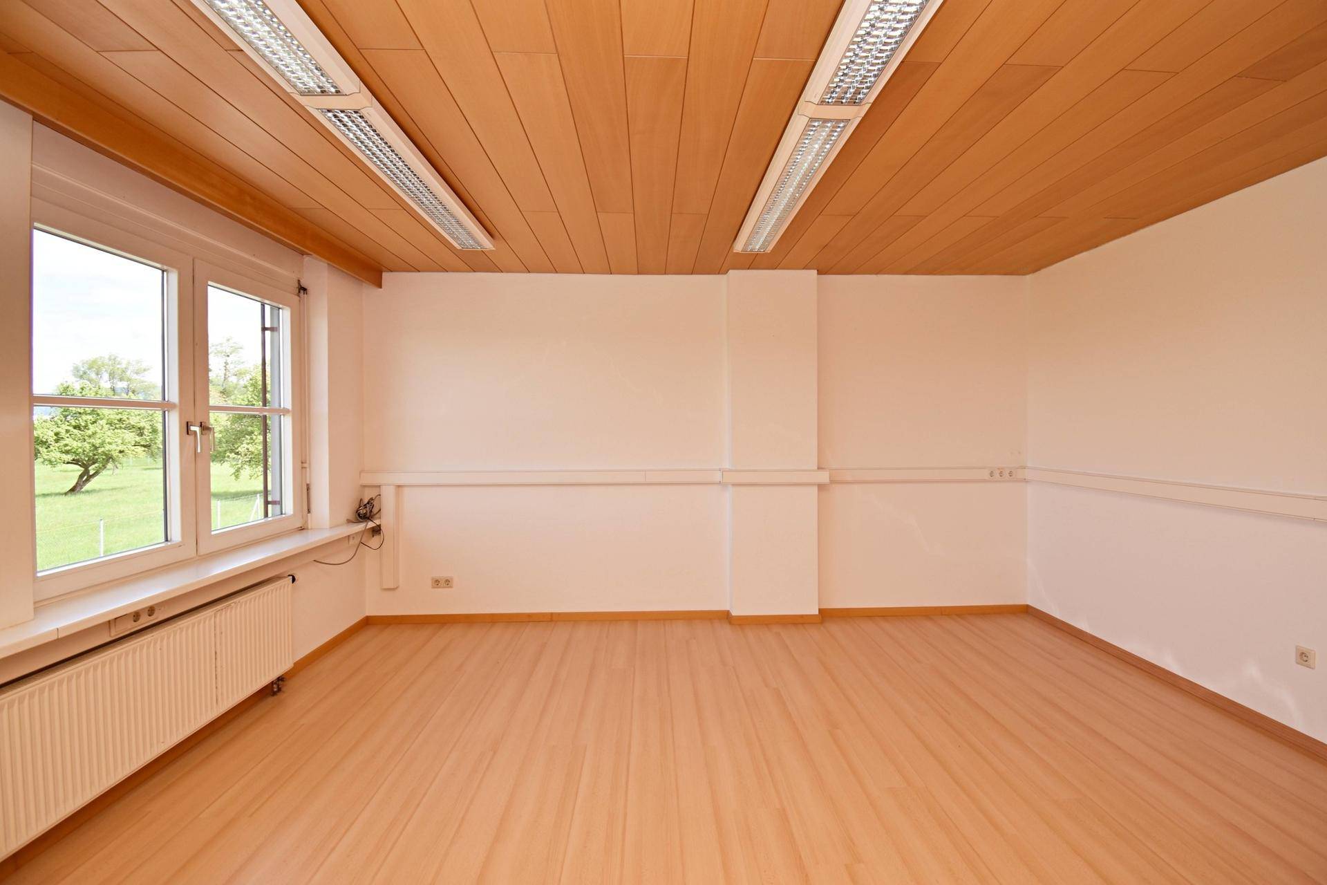 Leerer Büroraum mit Laminatboden, Holzdecke und Fenstern, bereit zur Einrichtung.